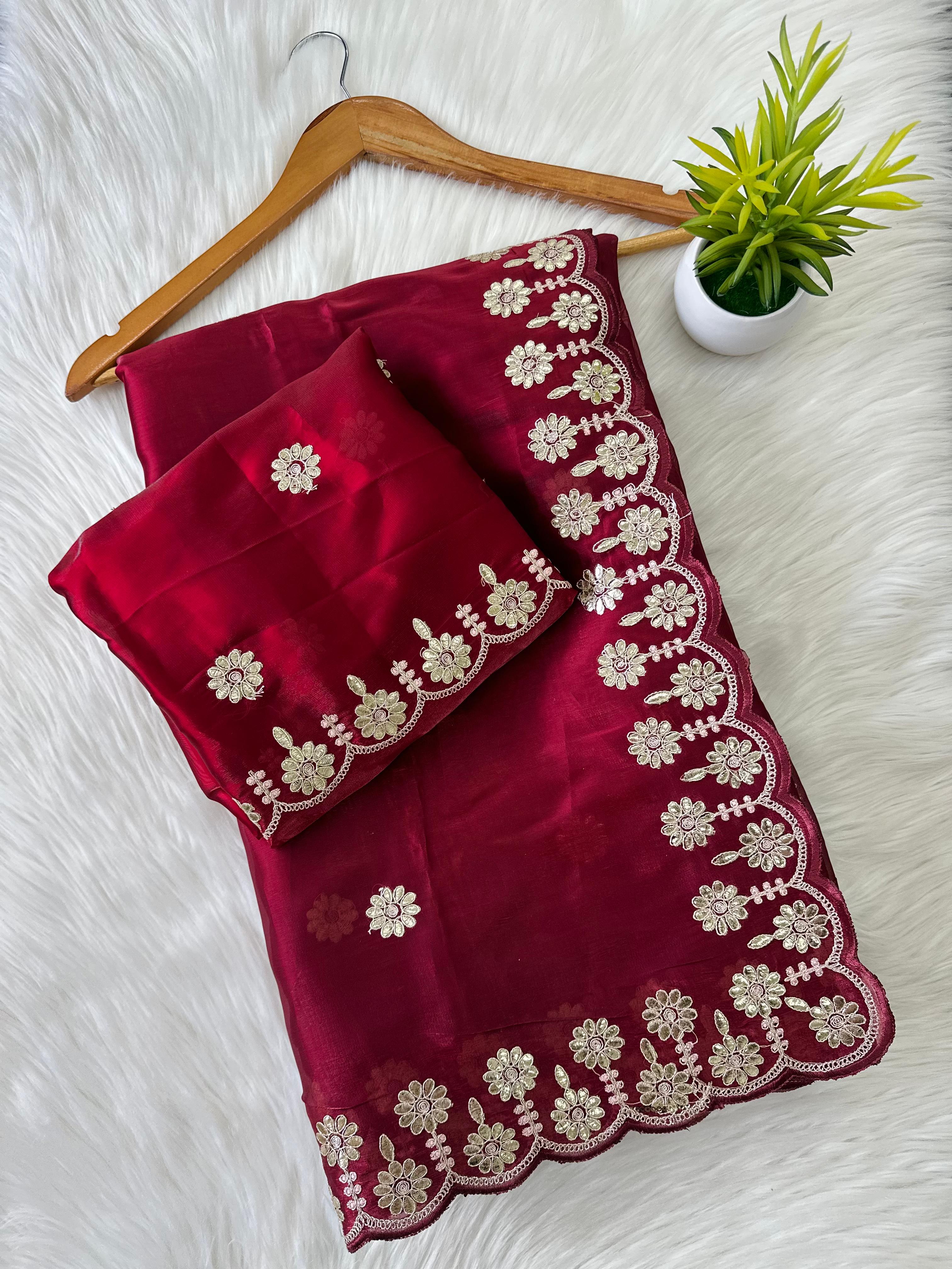 ClothsVilla Maroon Jimmy Choo Saree with Beautiful Jaipuri Gota Work – Complete with Matching Running Blouse