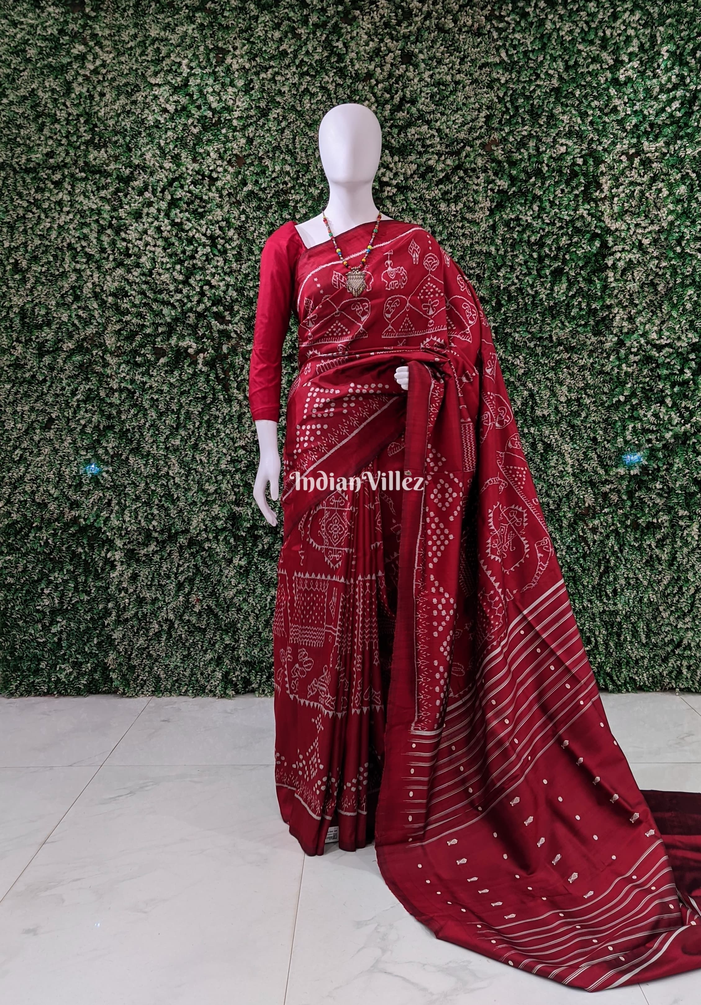 IndianVillèz Maroon Marriage Theme Odisha Ikat Contemporary Silk Saree