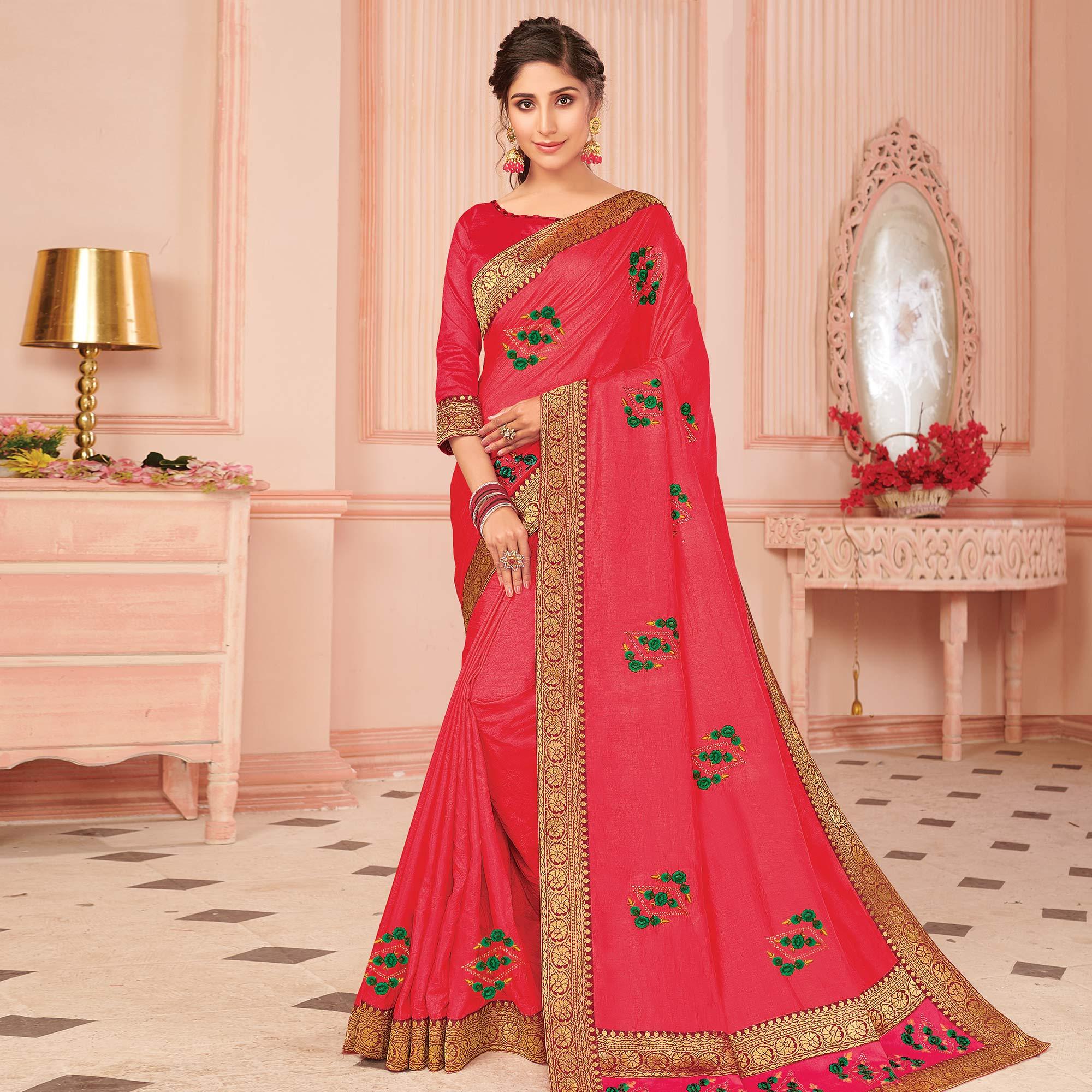 Peachmode Lovely Pink Colored Partywear Emboidered Vichitra Silk Saree