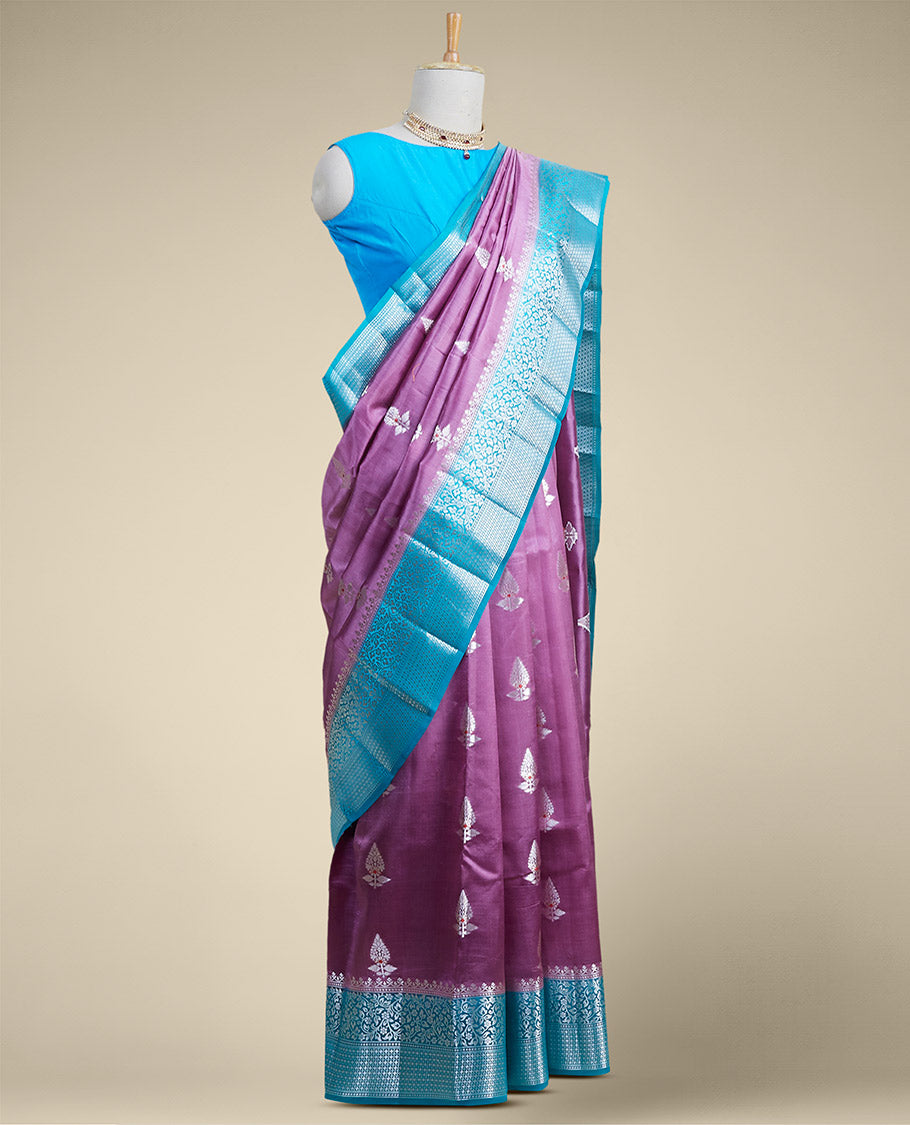 Pothys Purple leaf motifs dupion silk saree with intricate zari design border - view 2