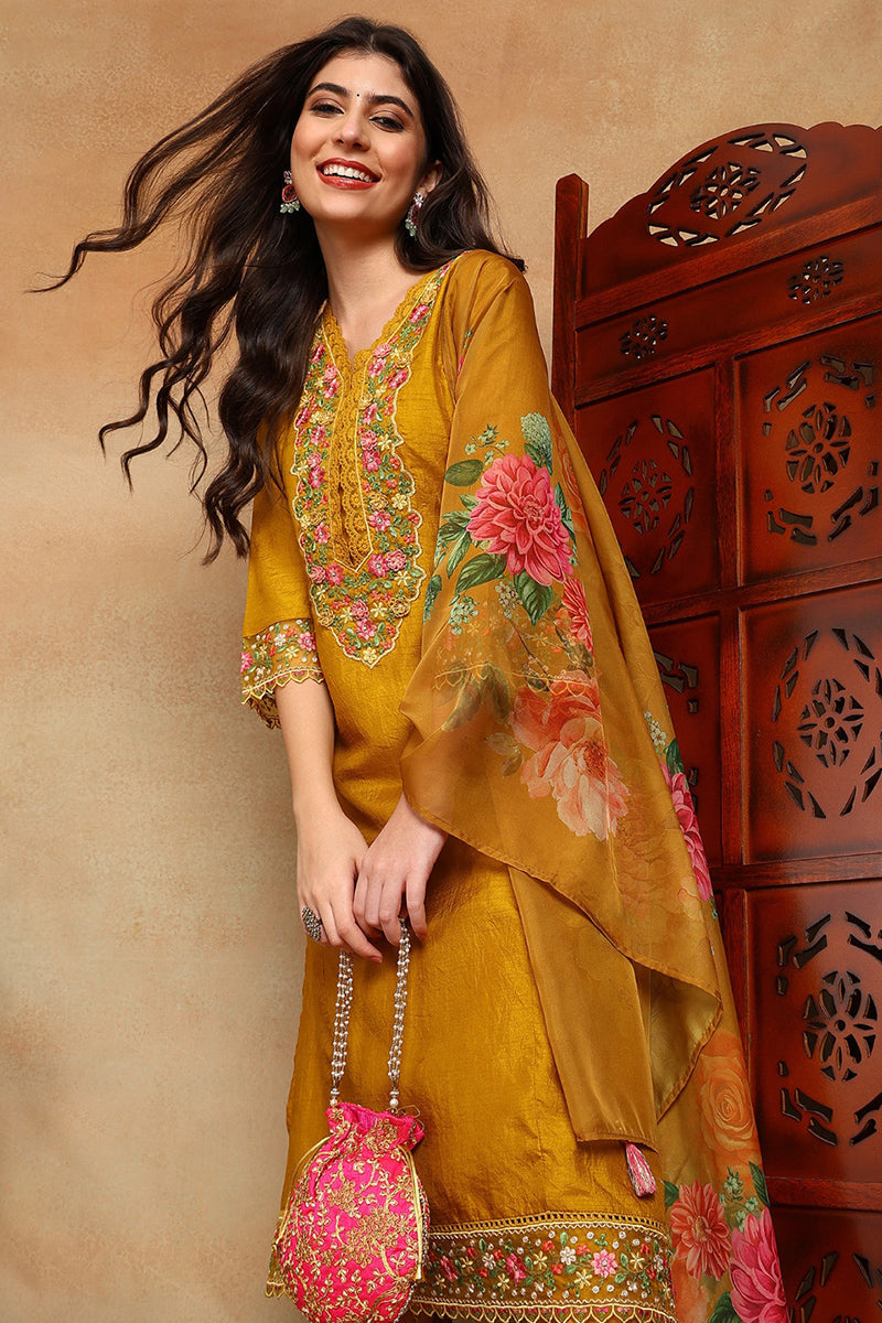 Ahika Mustard Yellow Silk Blend Solid Embroidered Straight Trouser Bottom Suit Set PKSKD2475 - view 3