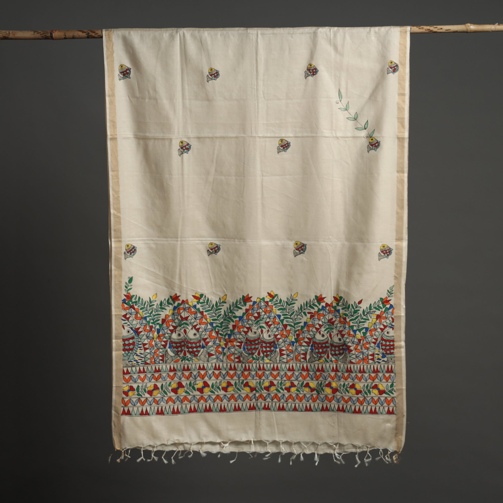 ITOKRI CRAFTS INITIATIVE Beige - Handpainted Tussar Cotton Handloom Madhubani Dupatta 08 - view 6