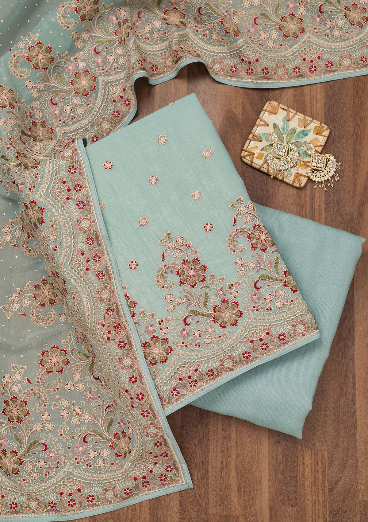 Koskii Sky Blue Threadwork Semi Crepe Unstitched Salwar Suit