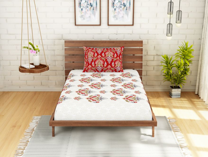 100 cotton single – Spaces India Ornate Poppy Red - Red 100% Cotton Single Bedsheet - Atrium Ecom By Spaces