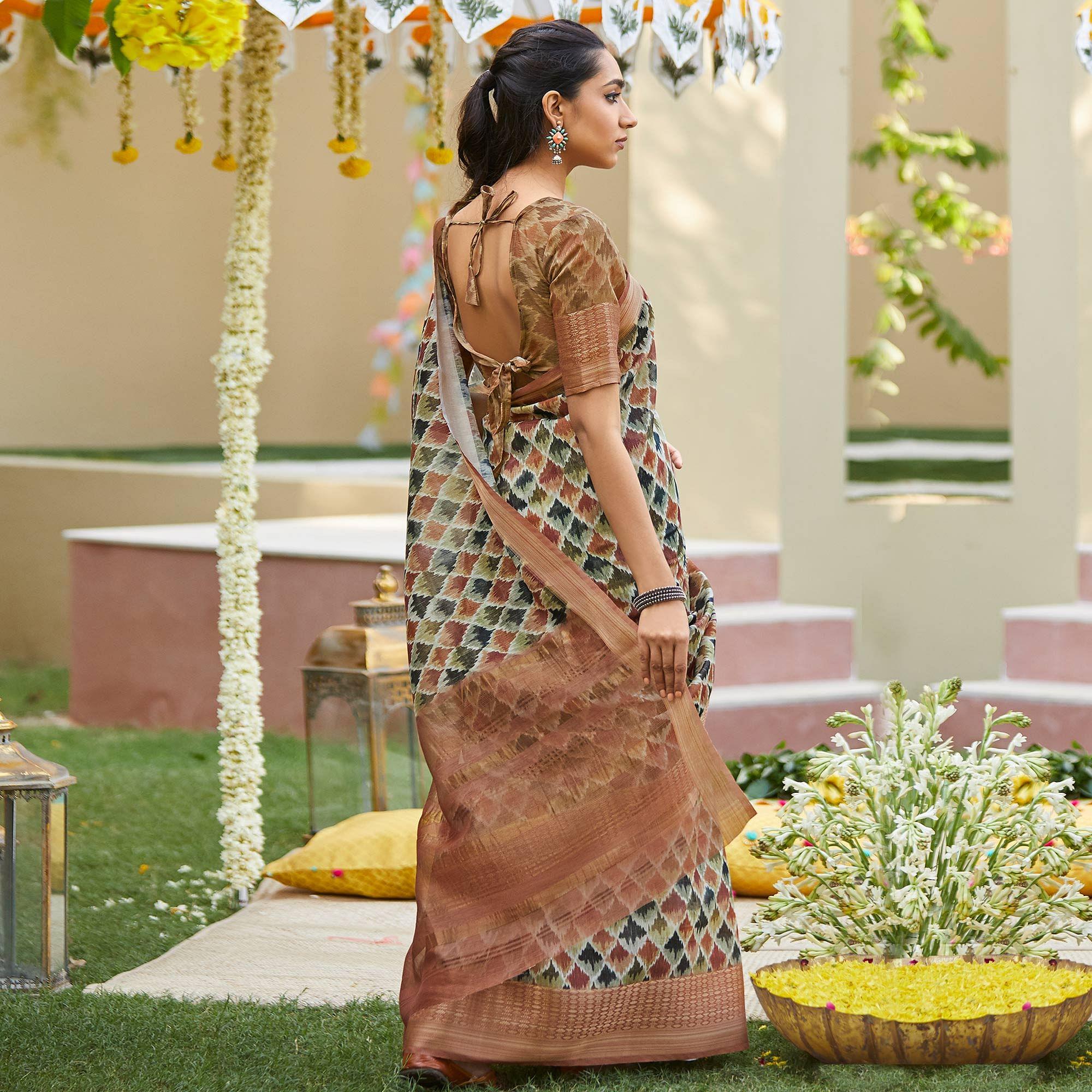 Peachmode Delightful Multi Colored Party Wear Digital Printed Linen Saree