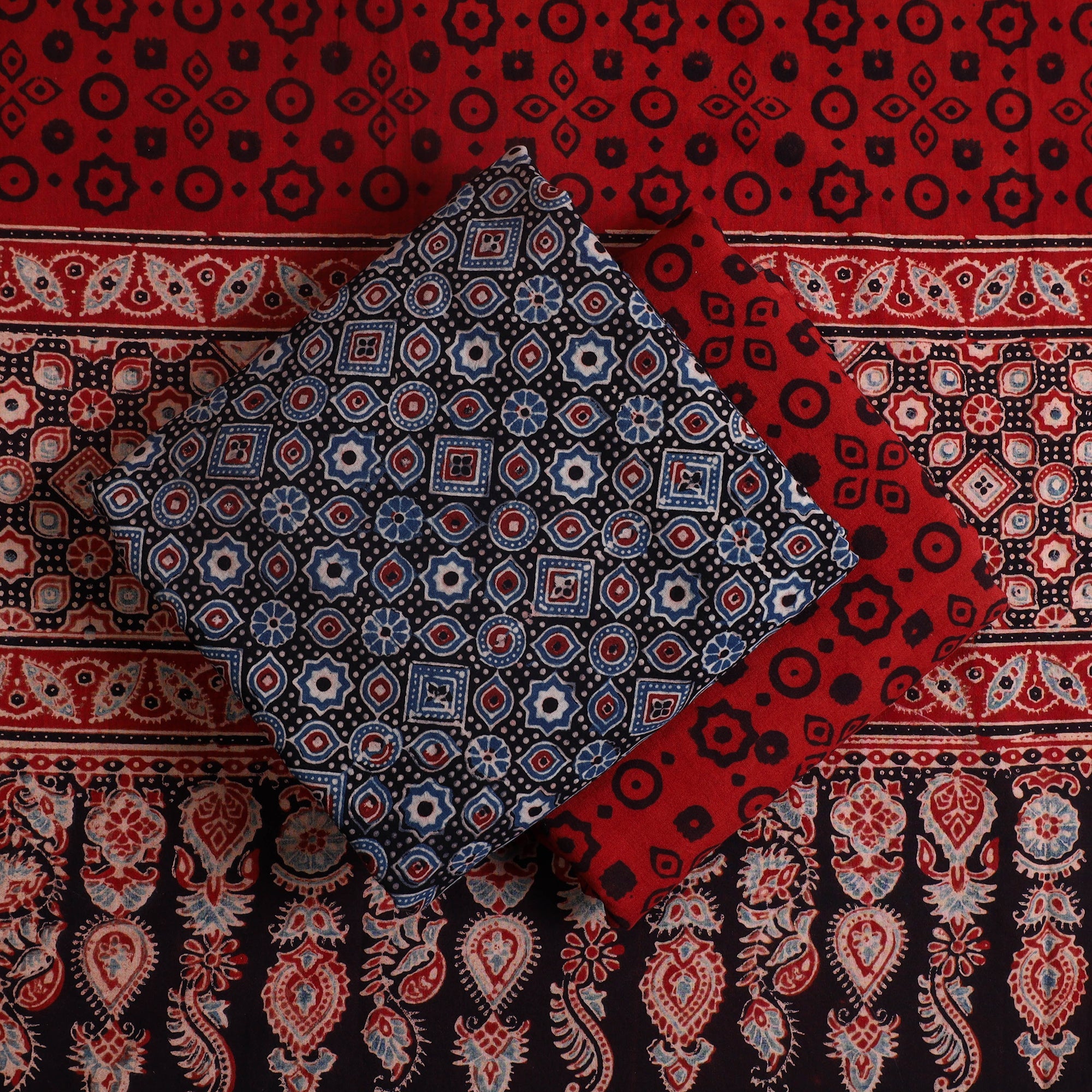 AJRAKH BY SUFIYAN ISMAIL KHATRI Blue - Hand Block Print Cotton 3pc Ajrakh Dress Material 03 - view 2