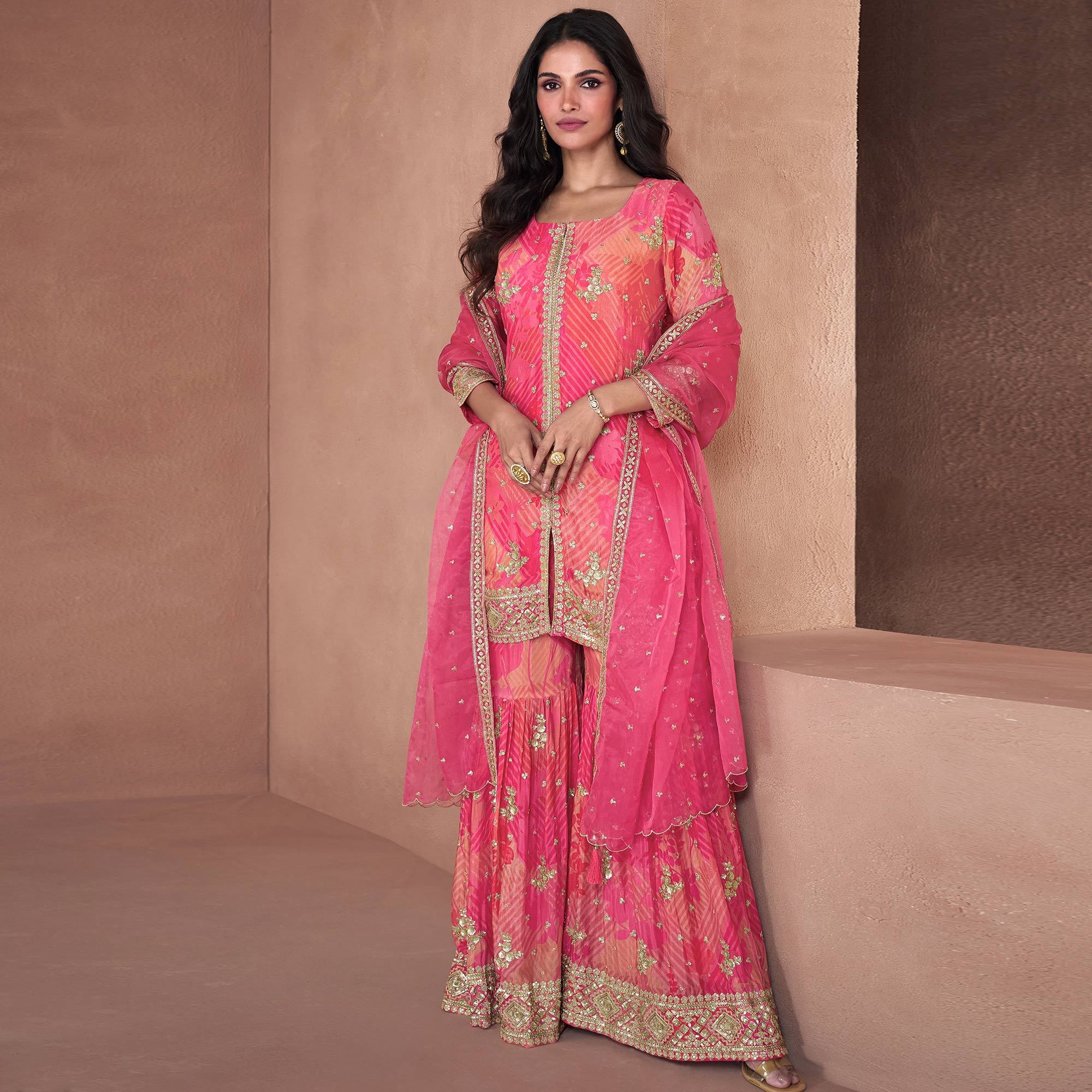 Peachmode Pink Sequins Embroidered Georgette Sharara Suit