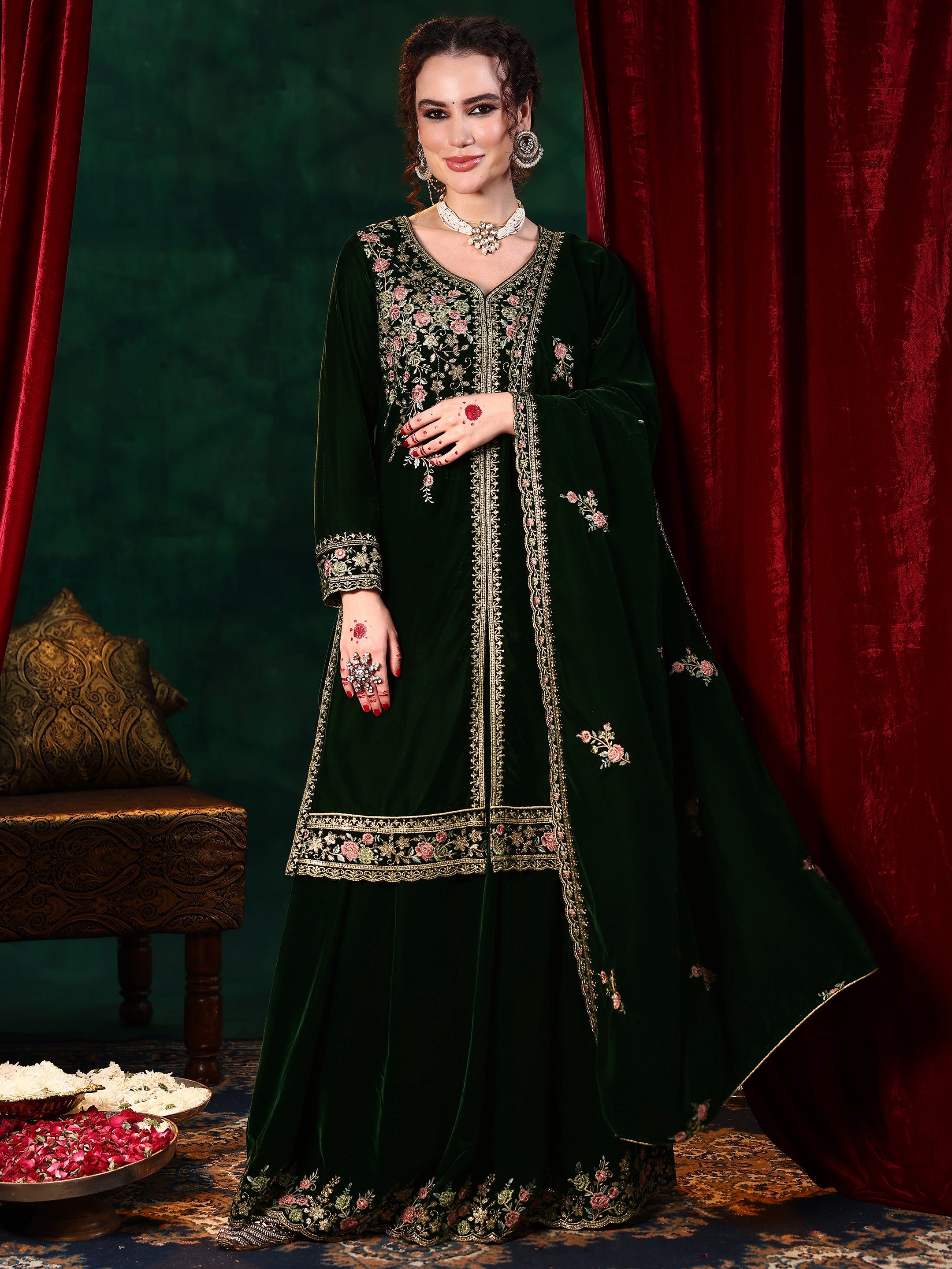 Libas Green Embroidered Velvet Straight Suit With Dupatta - view 2
