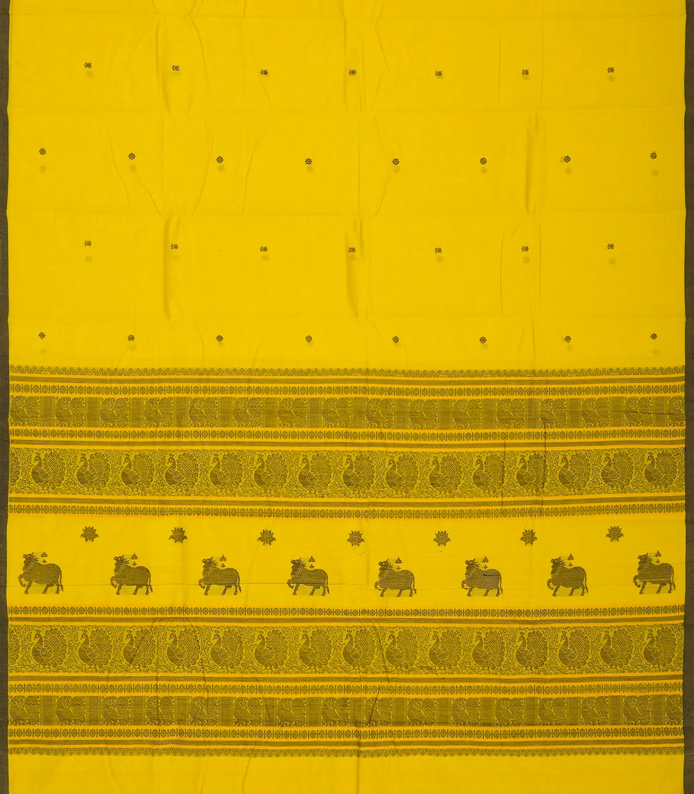 RmKV Lemon Yellow Handloom Kanchi Cotton Saree With Lotus Buttas - view 2