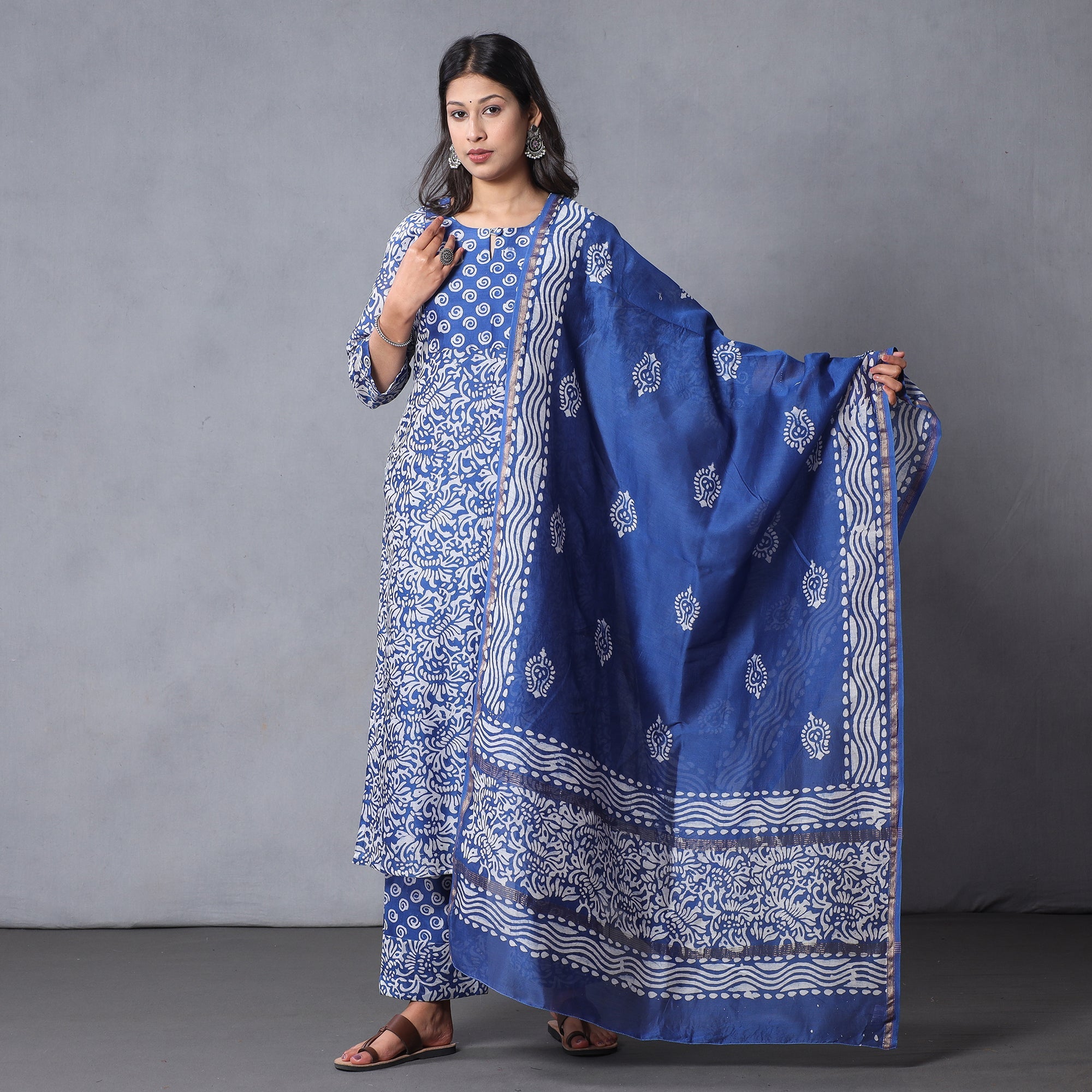 ITOKRI CASUALS Blue - Hand Batik Printing Chanderi Silk Kurta with Palazzo & Dupatta Set