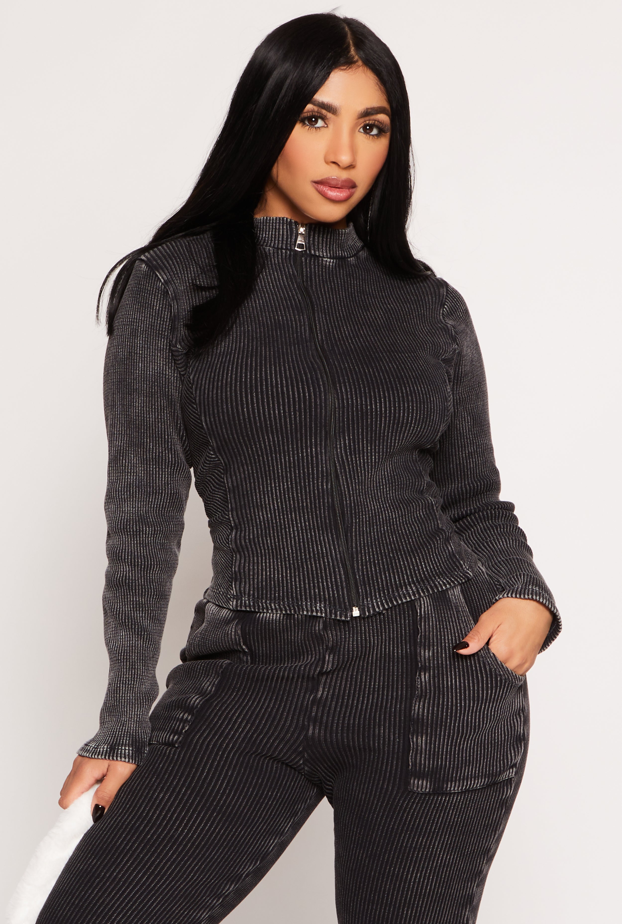 Rainbow Shops Acid Wash Rib Knit Zip Front Top