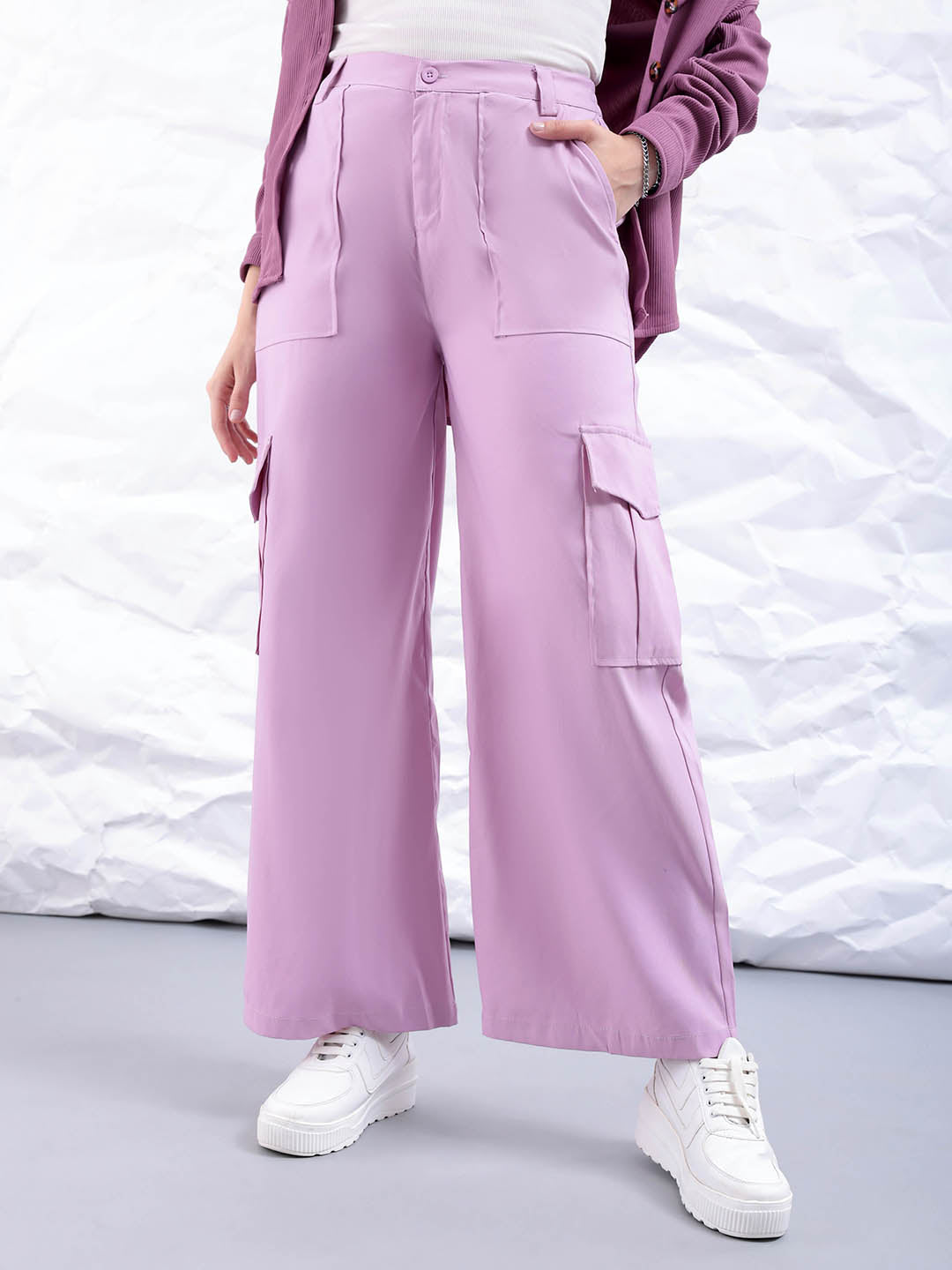Freehand by The Indian Garage Co Women's Purple Flare Solid Elasticated Cargo Trouser