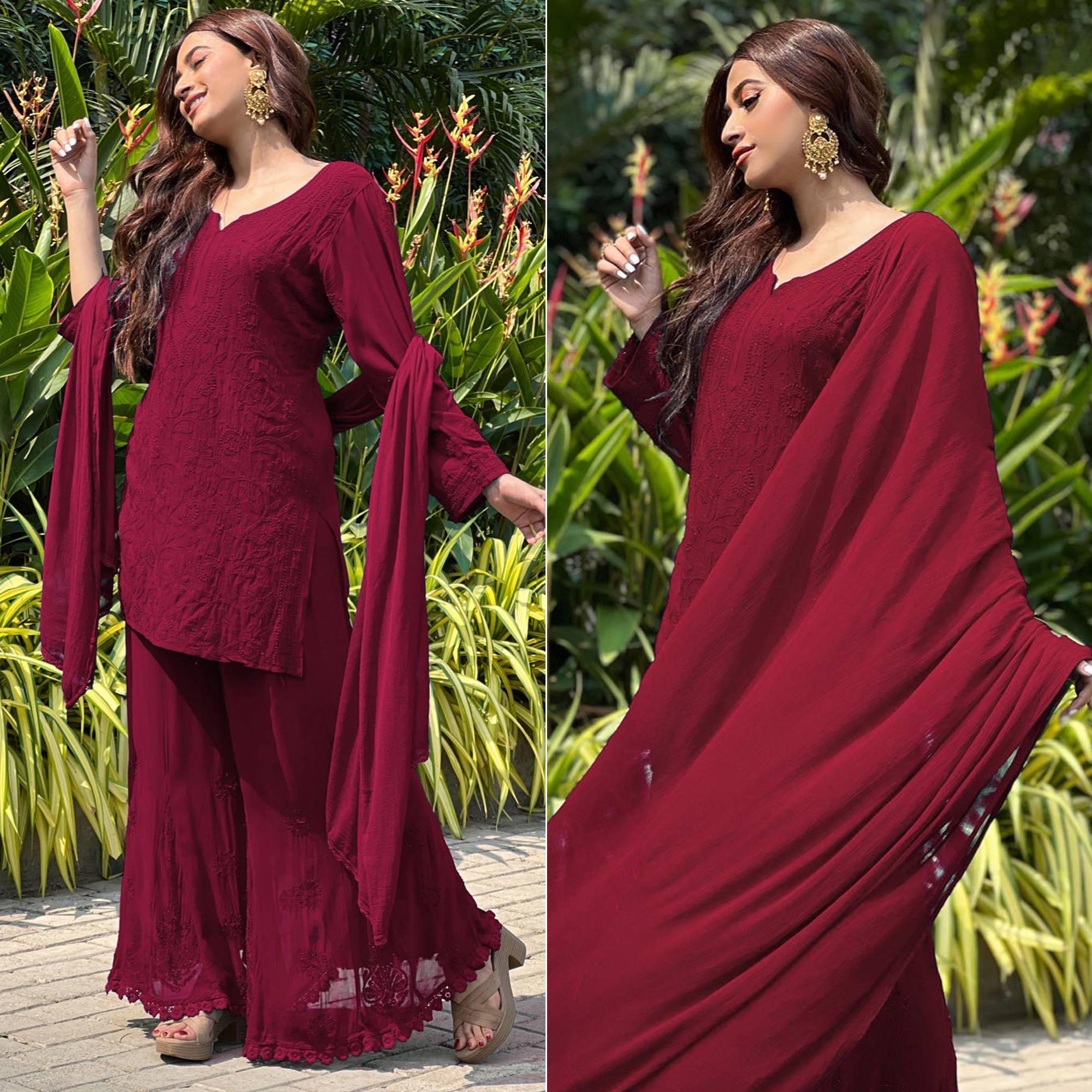 Peachmode Seller Maroon Floral Lucknowi Embroidered Georgette Sharara Suit