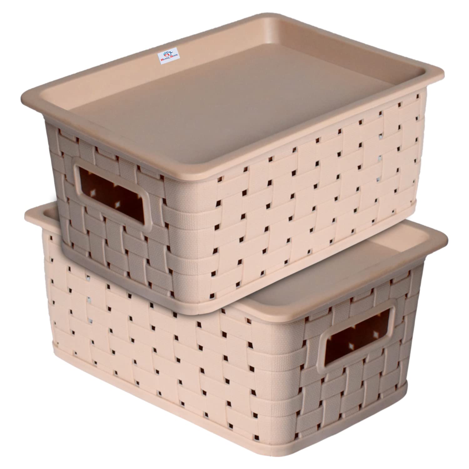 Heart Home BPA Free Attractive Design Multipurpose Large Trendy Storage Basket With Lid|Material-Plastic|Color-Light Brown|Pack of 2