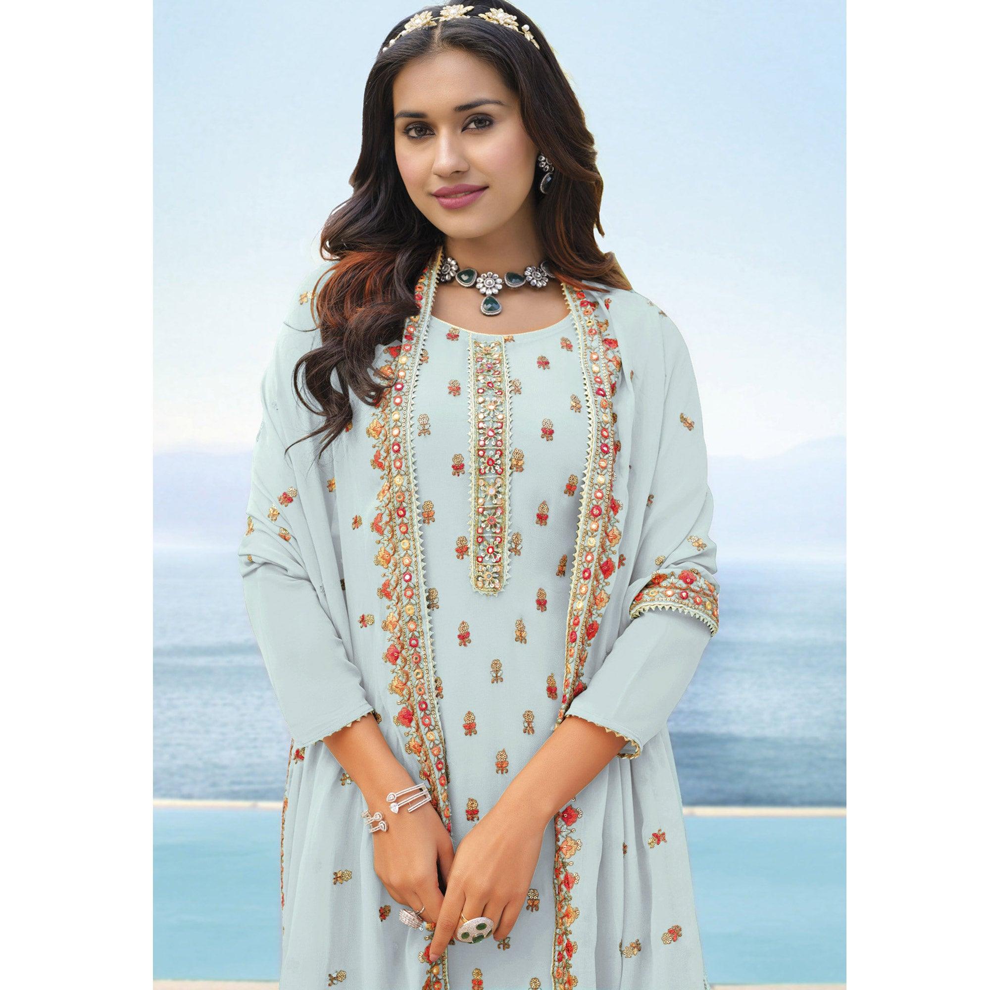 Peachmode Light Blue Embroidered Georgette Palazzo Suit - view 4