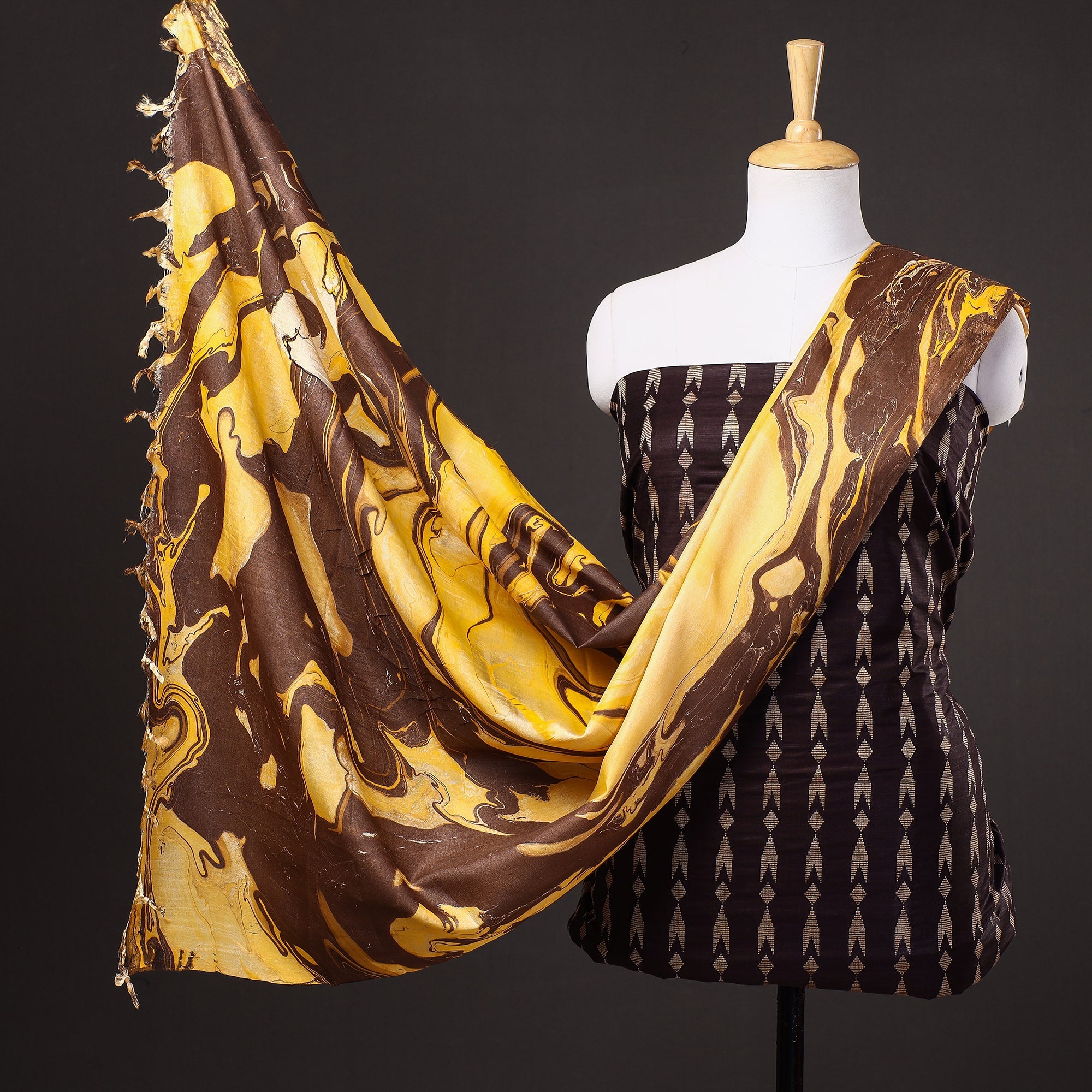 RUISA Brown - 3pc Handloom Mulberry Suit Material Set with Banana Silk Marble Printed Dupatta