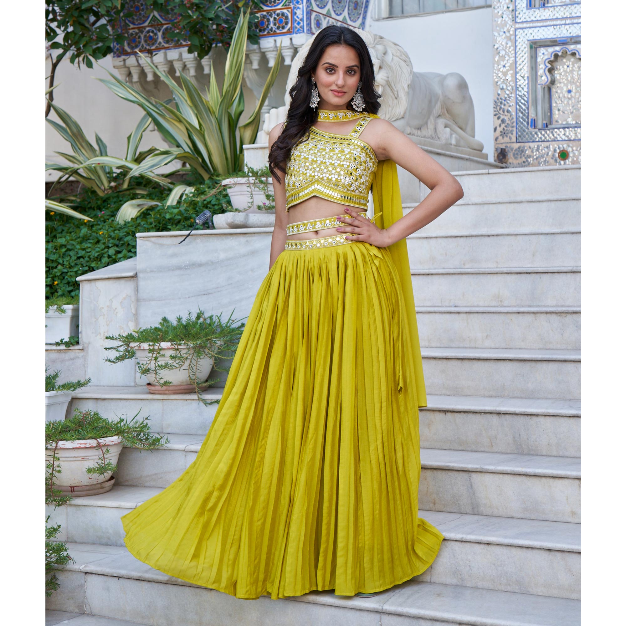 Peachmode Seller Lemon Green Embroidered Chiffon Plated Lehenga Choli - view 6