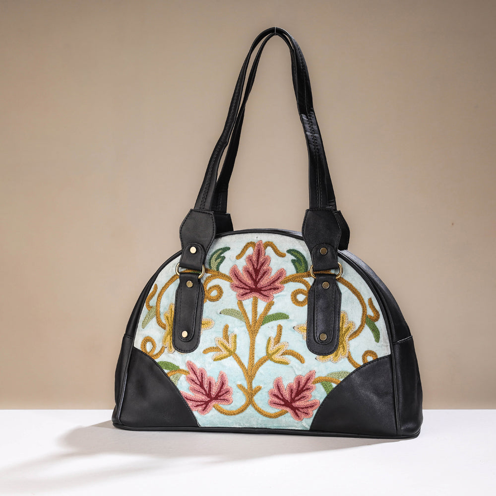 ITOKRI CRAFTS INITIATIVE Black - Original Crewel Hand Embroidered Leather Hand Bag