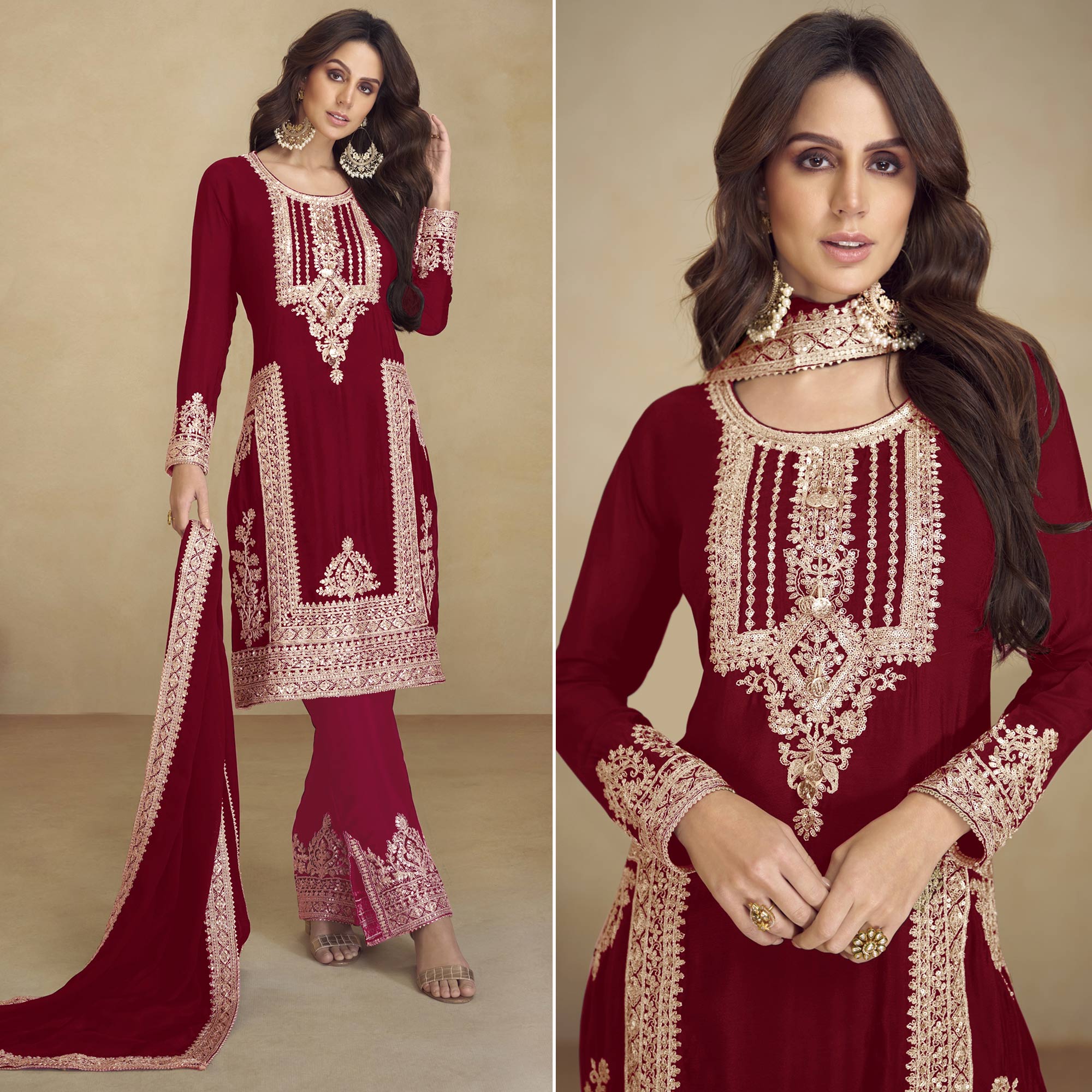 Peachmode Maroon Floral Sequins Embroidered Georgette Semi Stitched Salwar Suit