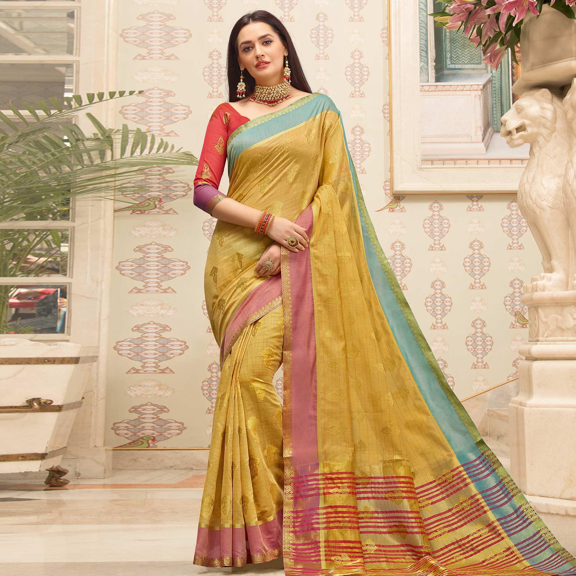 Peachmode Excellent Beige Colored Festive Wear Woven Cotton Handloom Saree