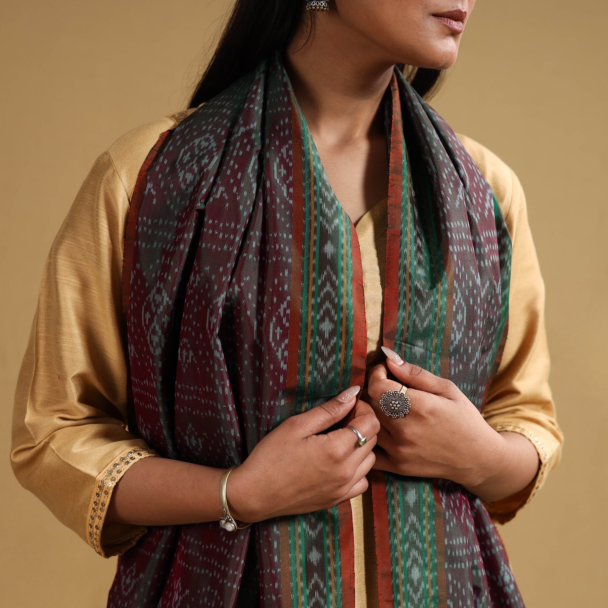 POCHAMPALLY IKAT WEAVES BY GOVARDHAN Brown - Handloom Mulberry Silk Pochampally Ikat Stole 12 - view 3