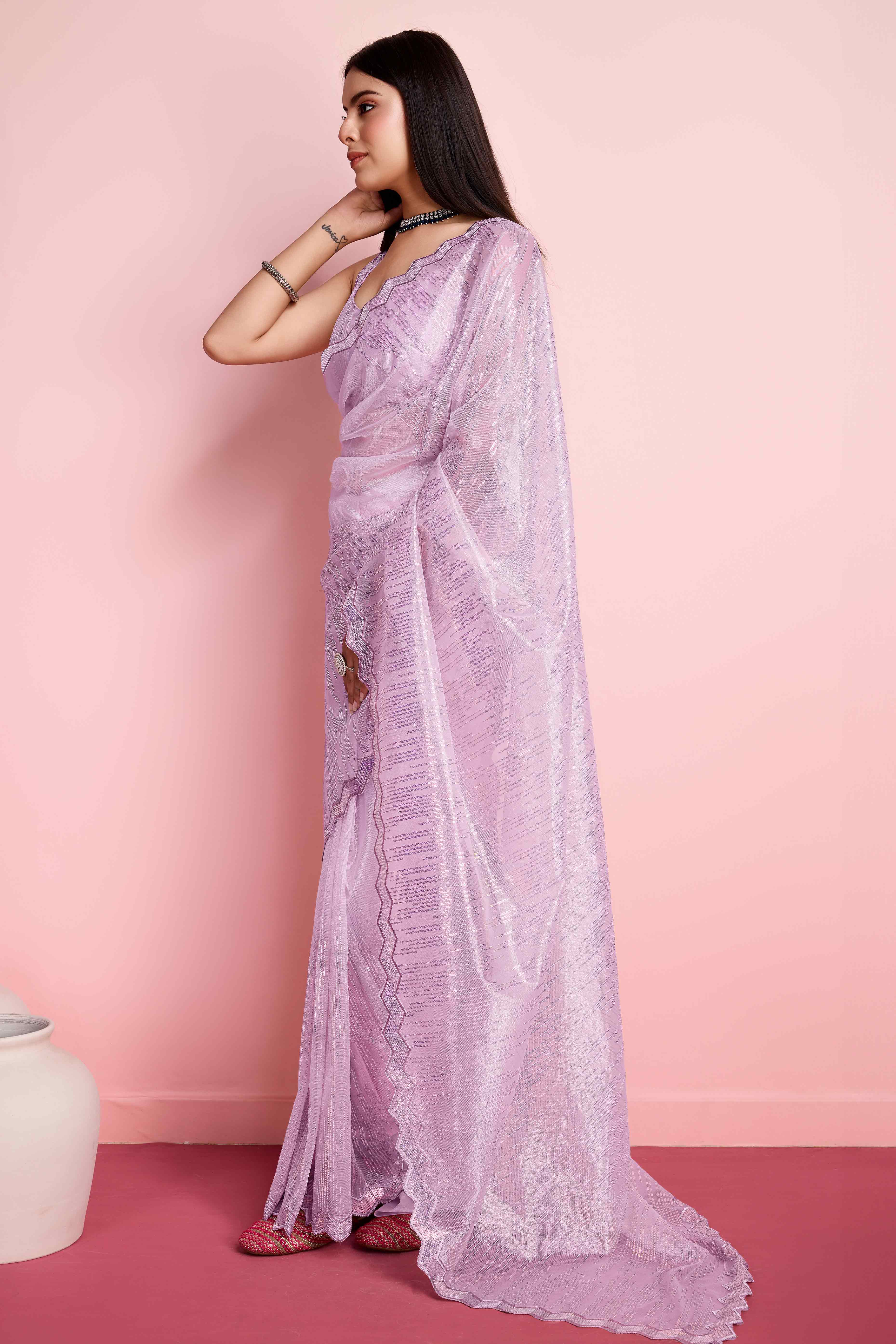 Peachmode Lavender Sequins Embroidered Silver Twill Net Saree - view 4