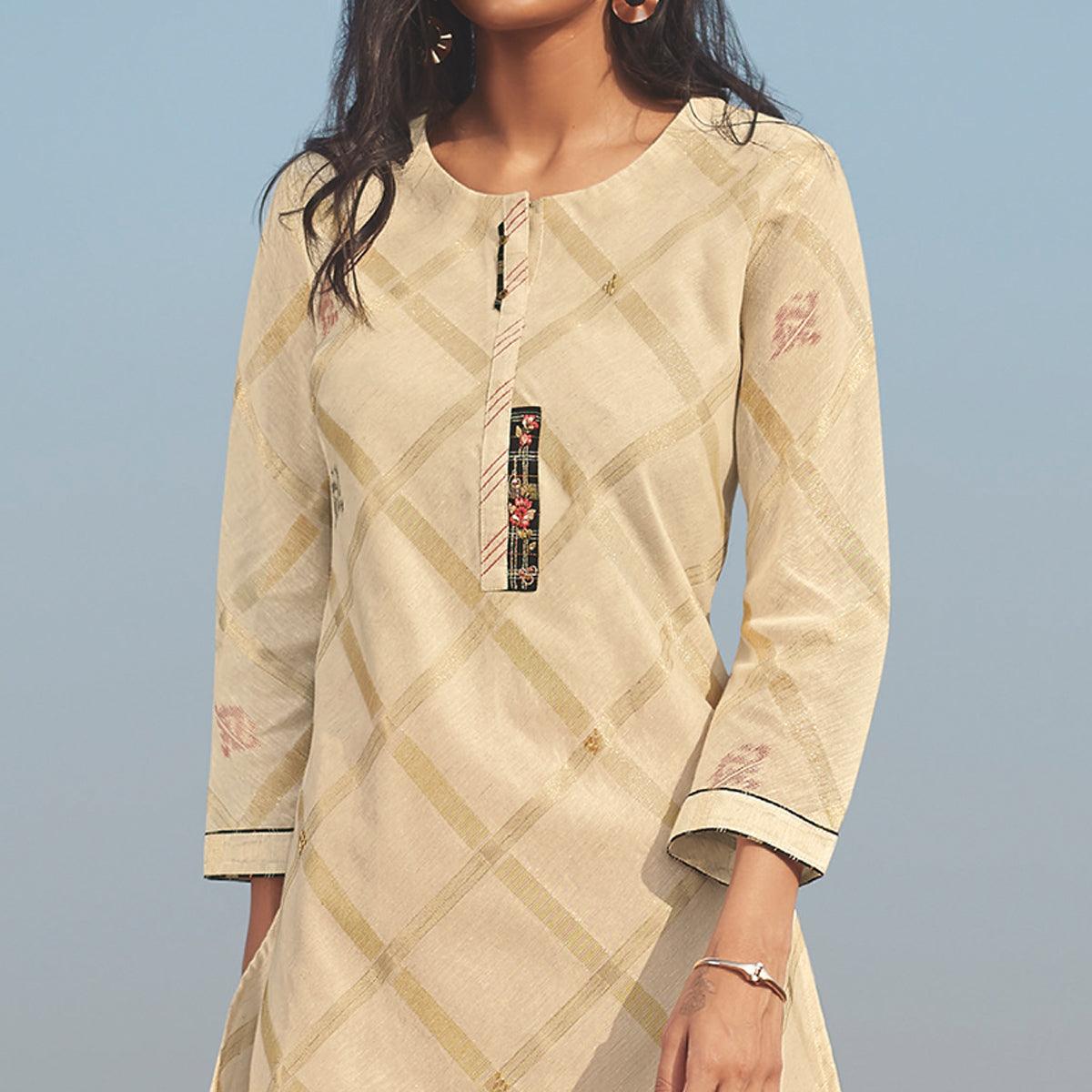 Peachmode Seller Innovative Beige Colored Party Wear Handwork Handloom Cotton Kurti-Pant Set - view 2