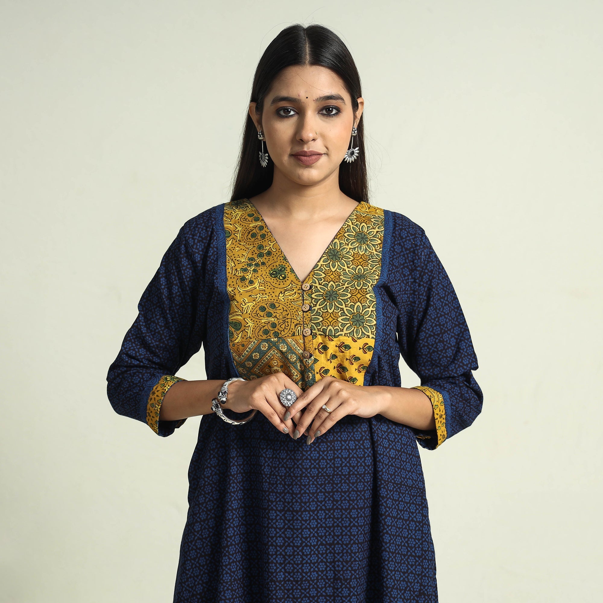 ITOKRI CASUALS Blue - Block Print Cotton Patchwork A-Line Bagh Kurta