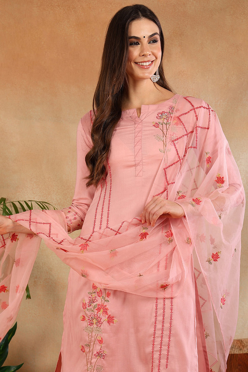 Ahika Pink Silk Blend Solid Embroidered Straight Trouser Suit Set PKSKD2631 - view 2