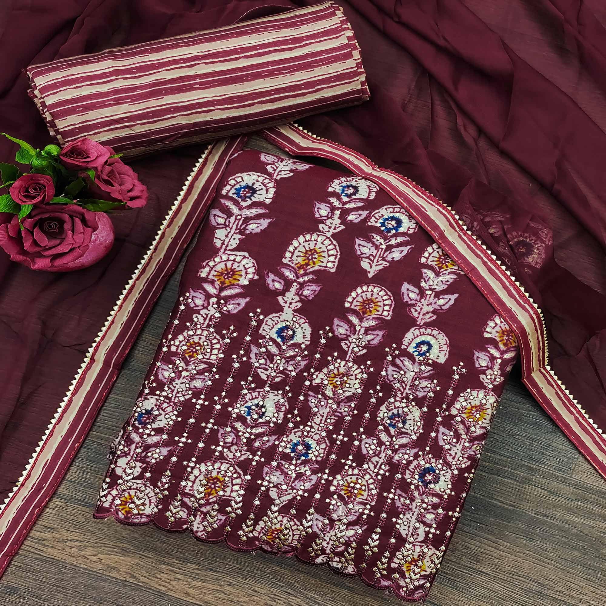 Peachmode Maroon Floral Printed Pure Cotton Dress Material