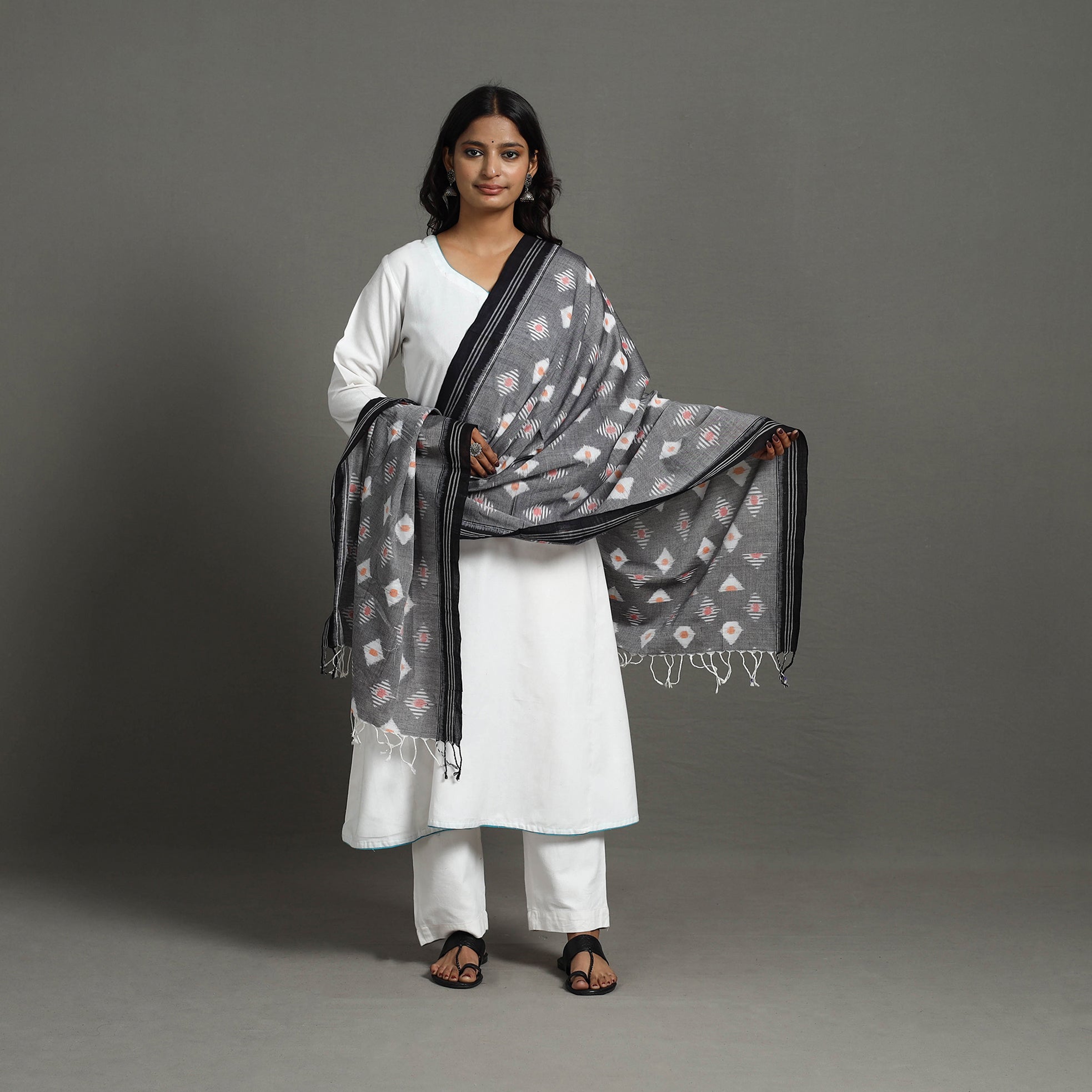 ASHOKA ASSEMBLE - CELEBRATING CRAFTS OF ODISHA Grey - Handloom Cotton Maniabandha Ikat Dupatta 27