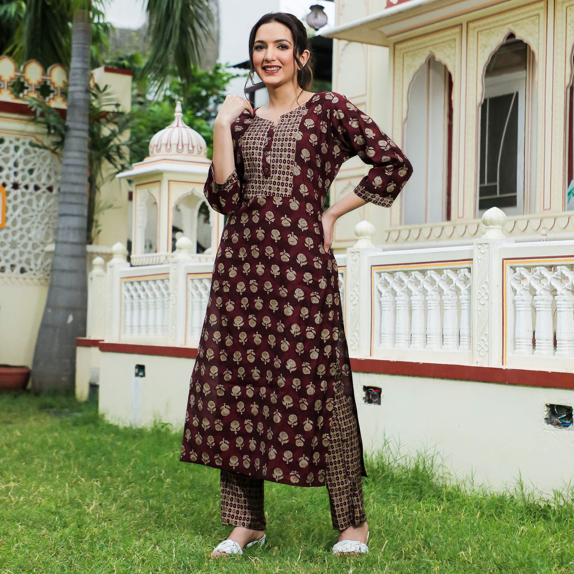 Peachmode Maroon Floral Foil Printed Modal Suit - view 6