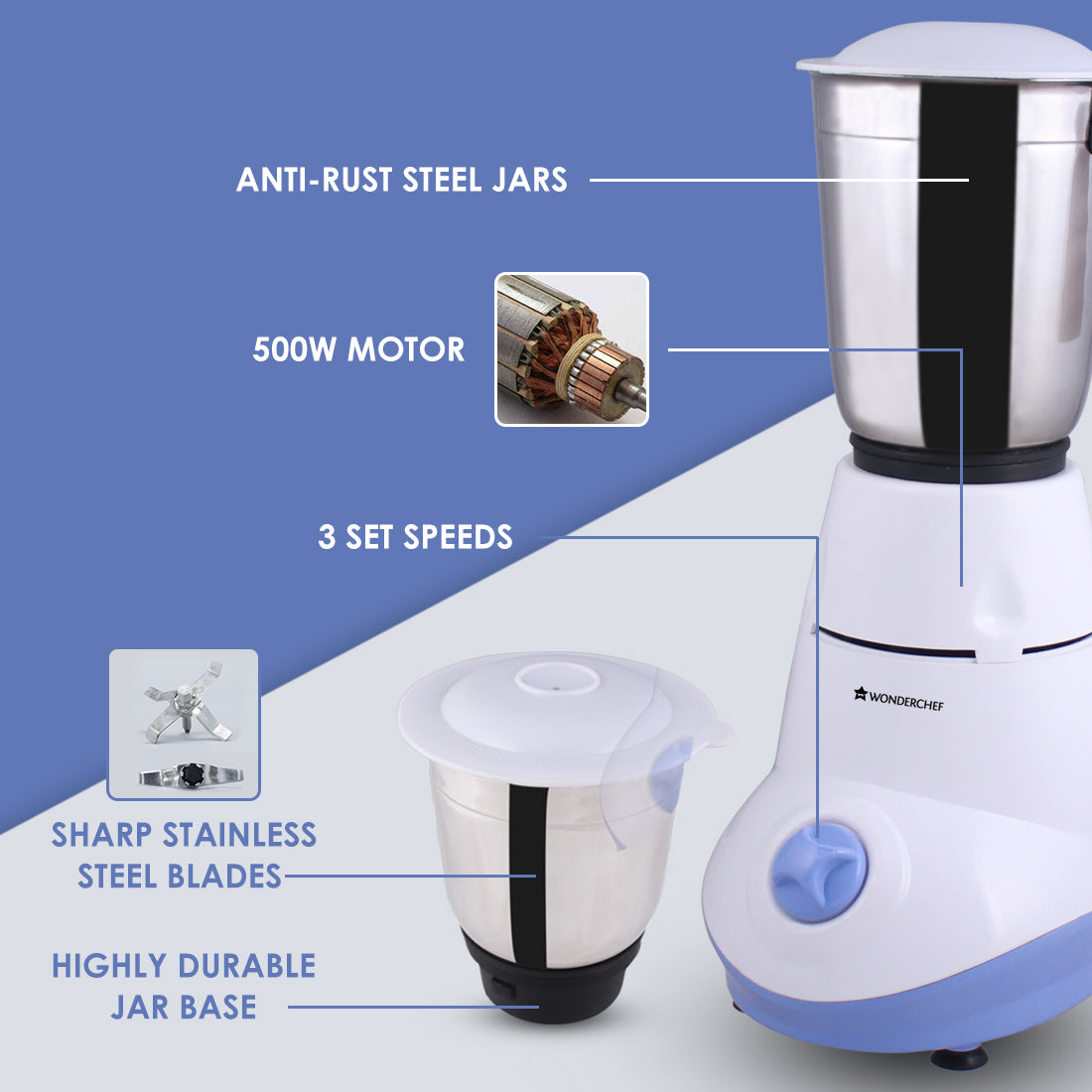 Wonderchef Capri Mixer Grinder 550W With 3 Stainless Steel Jars - view 12