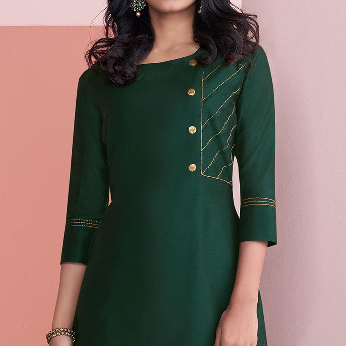 Peachmode Seller Majesty Green Colored Partywear Embroidered Pure Viscose Silk Palazzo Suit - view 2