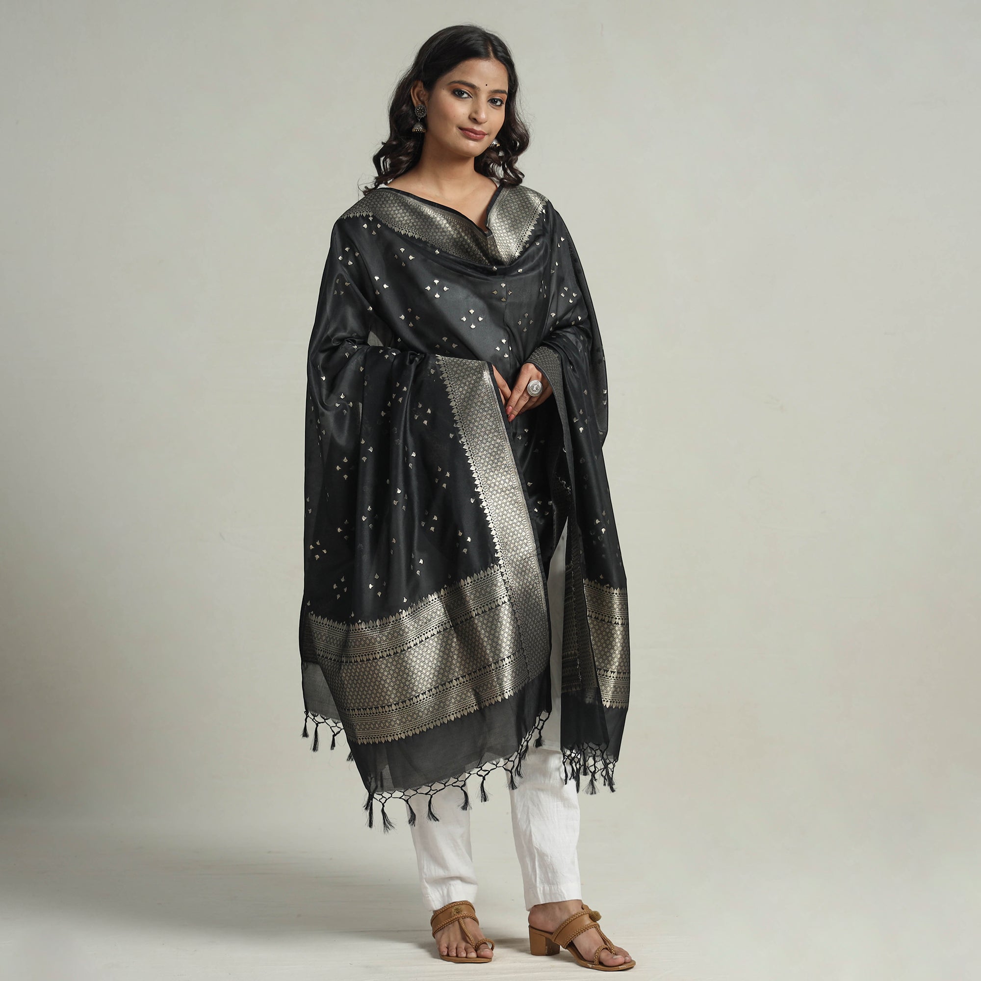 BANARASI BY MAQBUL HASAN Black - Banarasi Semi Silk Zari Jaal Dupatta with Tassels 22 - view 2