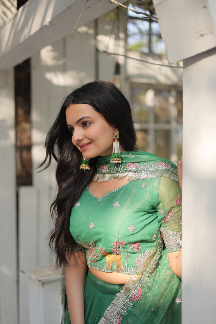 ClothsVilla Green Elegant Gold Coin Lehenga Choli with Sequins & Thread Embroidery - view 5