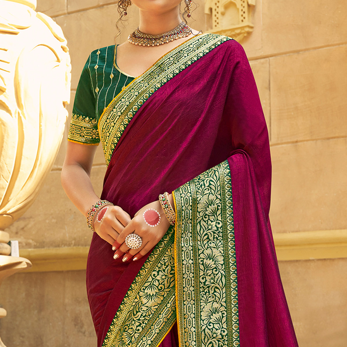 Peachmode Magenta Solid With Embroidered Border Vichitra Silk Saree - view 2
