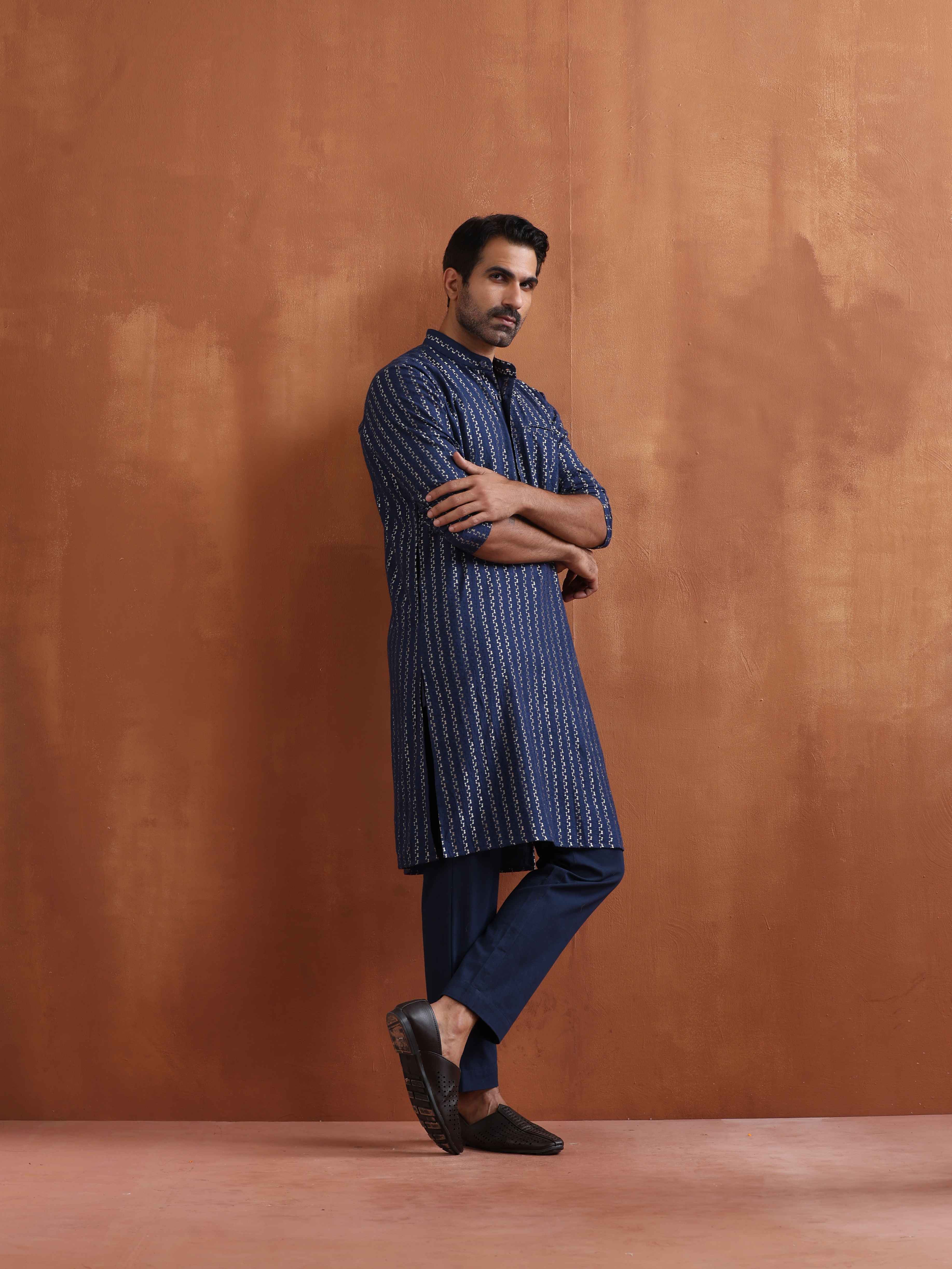 trueBrowns Men's Blue Cotton Dobby Kurta - view 2