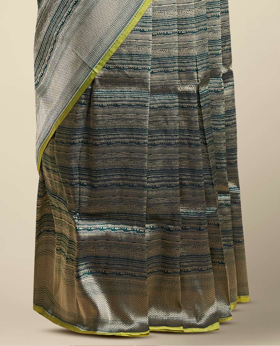 Pothys Green striped banaras silk saree with argyle pattern border - view 3