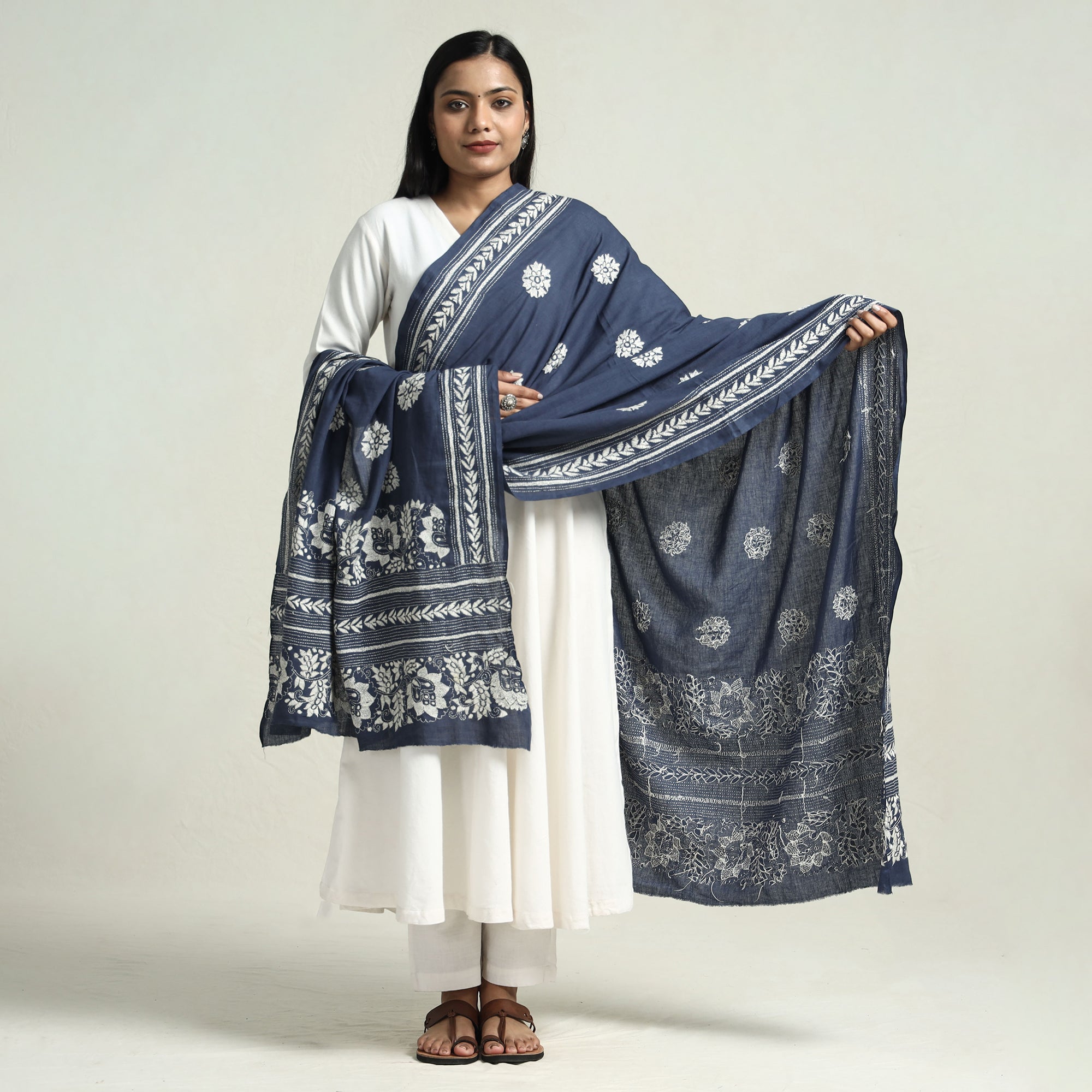 KHUSHBASH - HAPPY LOOM OF EAST Blue - Bolpur Kantha Embroidery Cotton Handloom Dupatta with Tassels - view 2