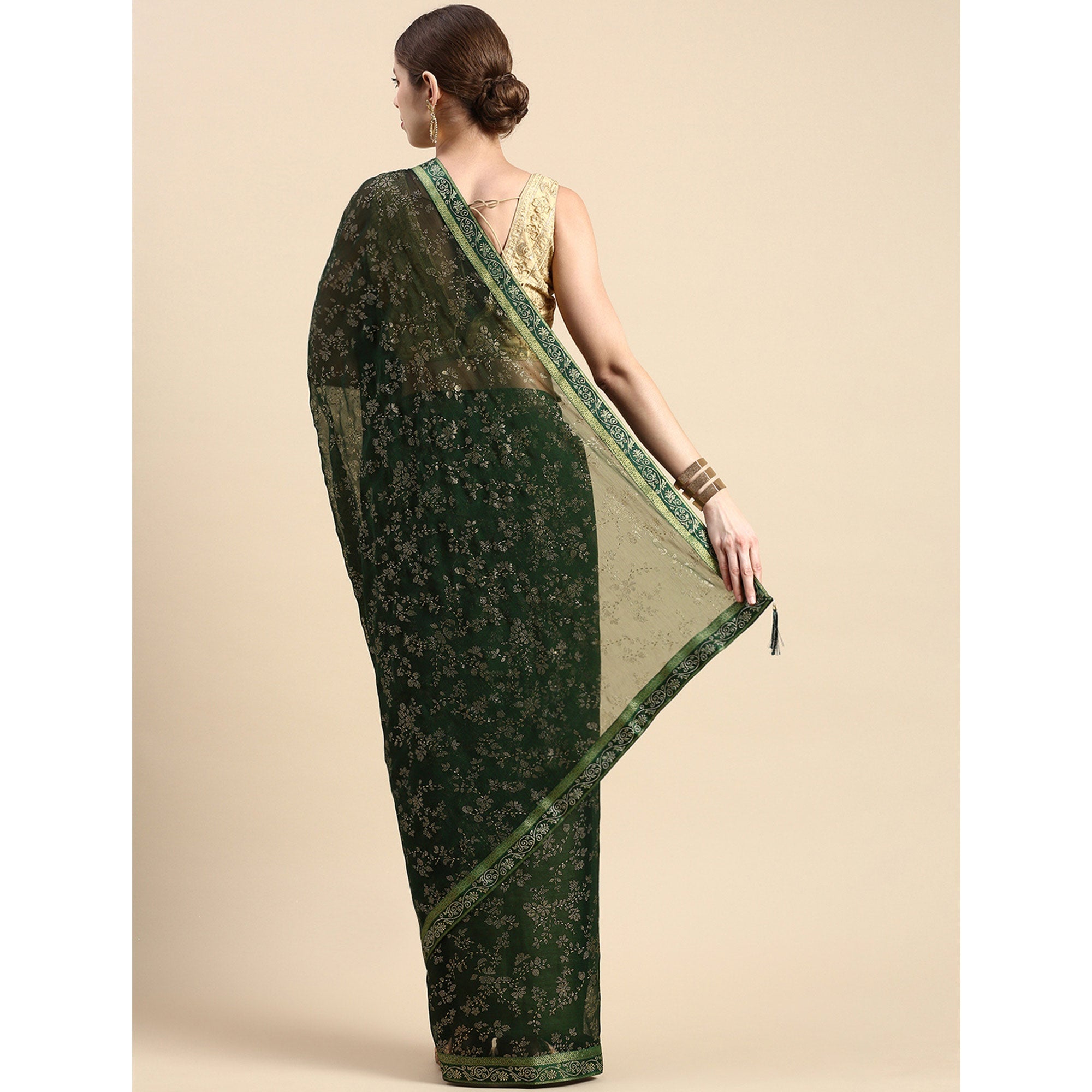 BlackTree green-floral-foil-printed-shimmer-saree - view 4