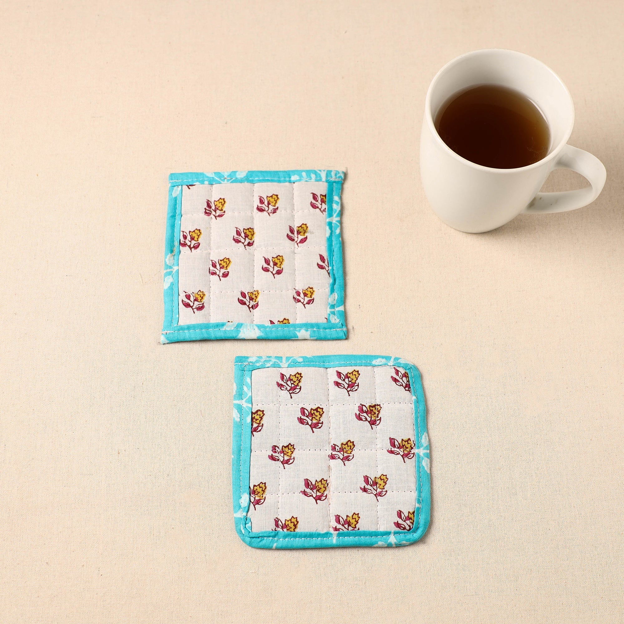 JALPARI Blue - Floral Print Cotton Quilted Coasters (Set of 2) 05