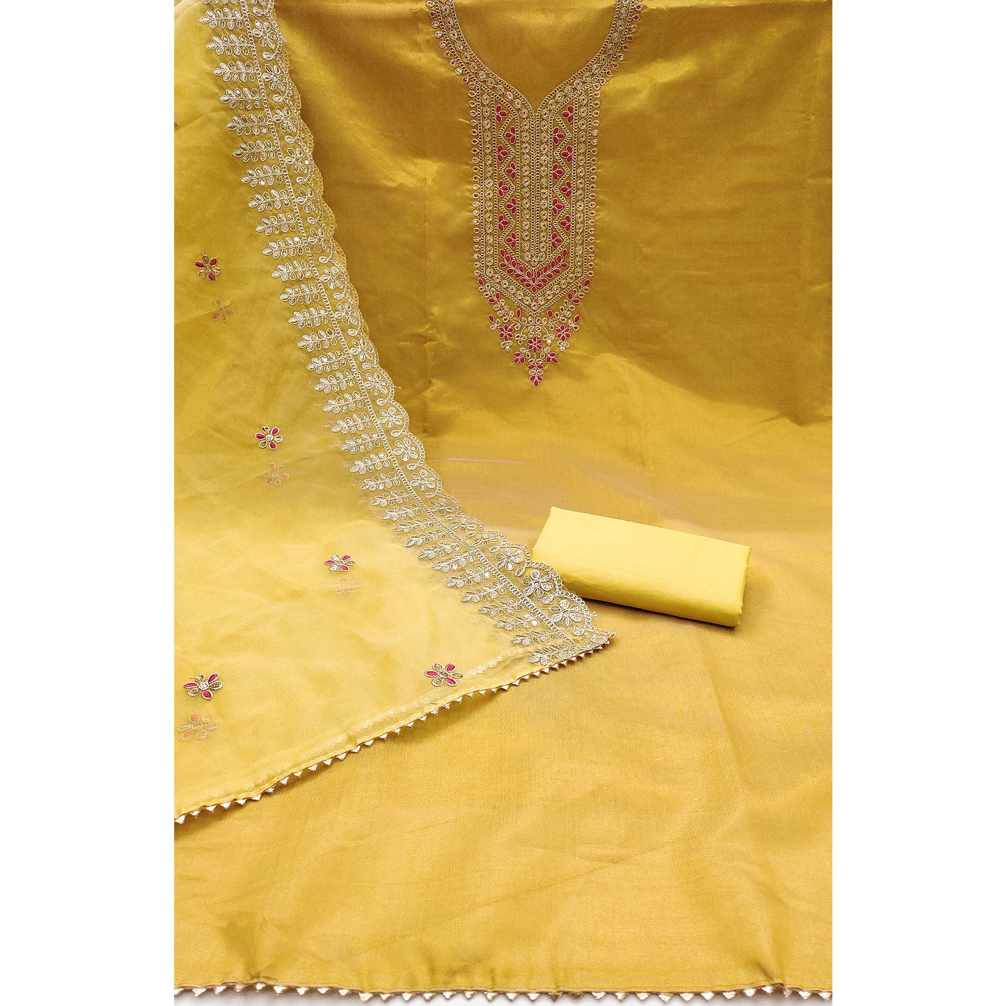 Peachmode Mustard Sequins Embroidered Chanderi Silk Dress Material - view 3