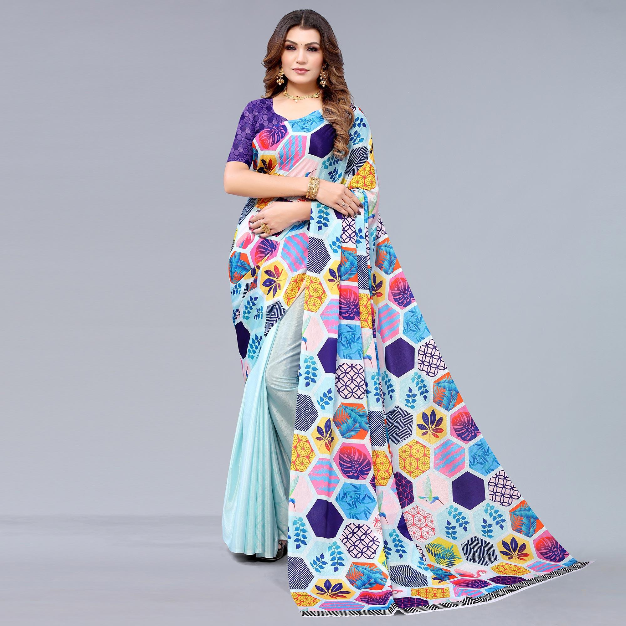 Peachmode Light Blue Floral Printed Chiffon Half and Half Saree - view 2