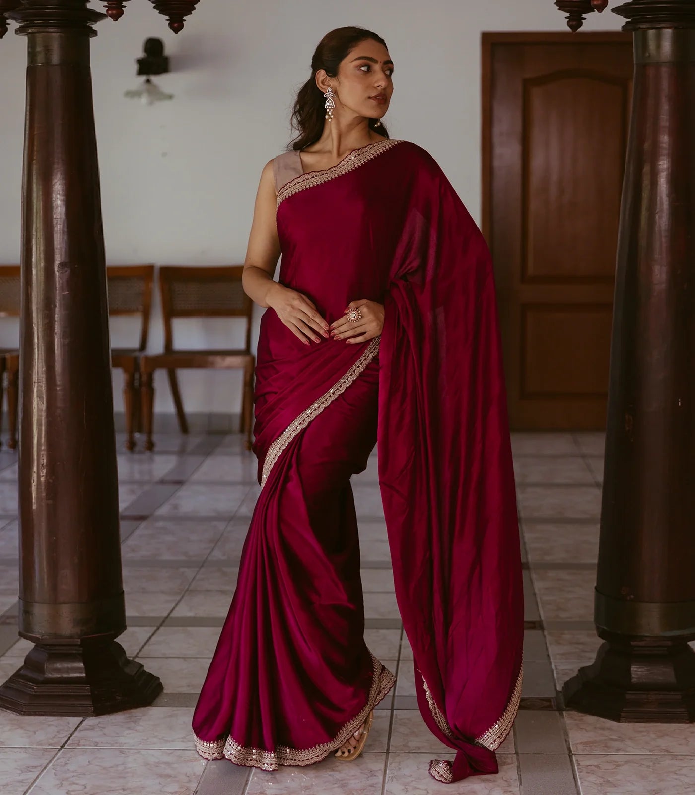 RmKV Burgundy Woven Plain Satin Saree With Embroidered Border