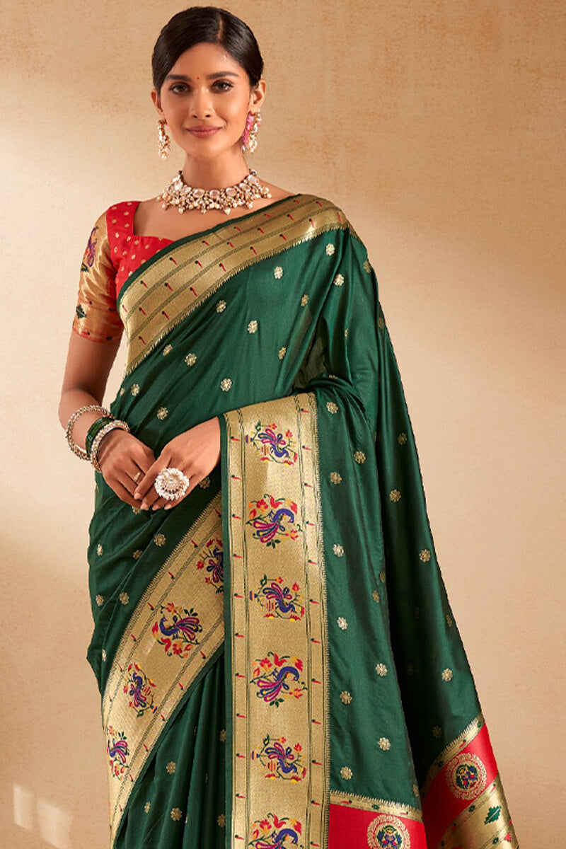Rajpath Panache Dark Green Paithani Silk Saree With Vestigial Blouse Piece - view 3