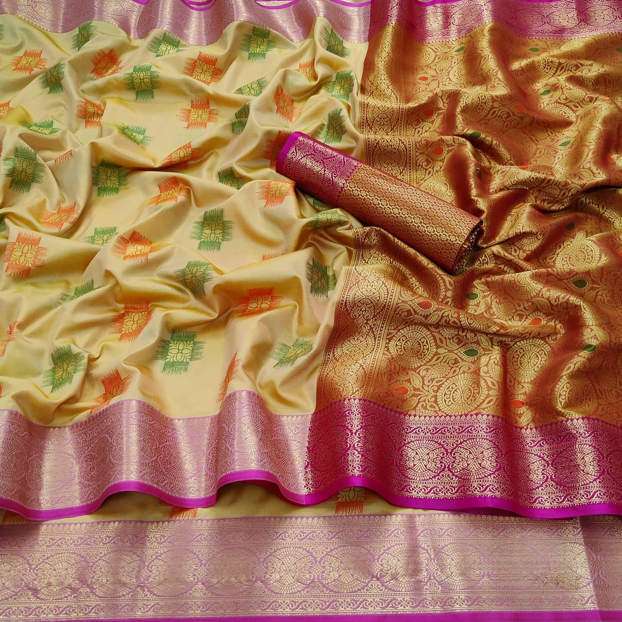 Peachmode Chikoo Festive Wear Woven Soft Banarasi Silk Saree