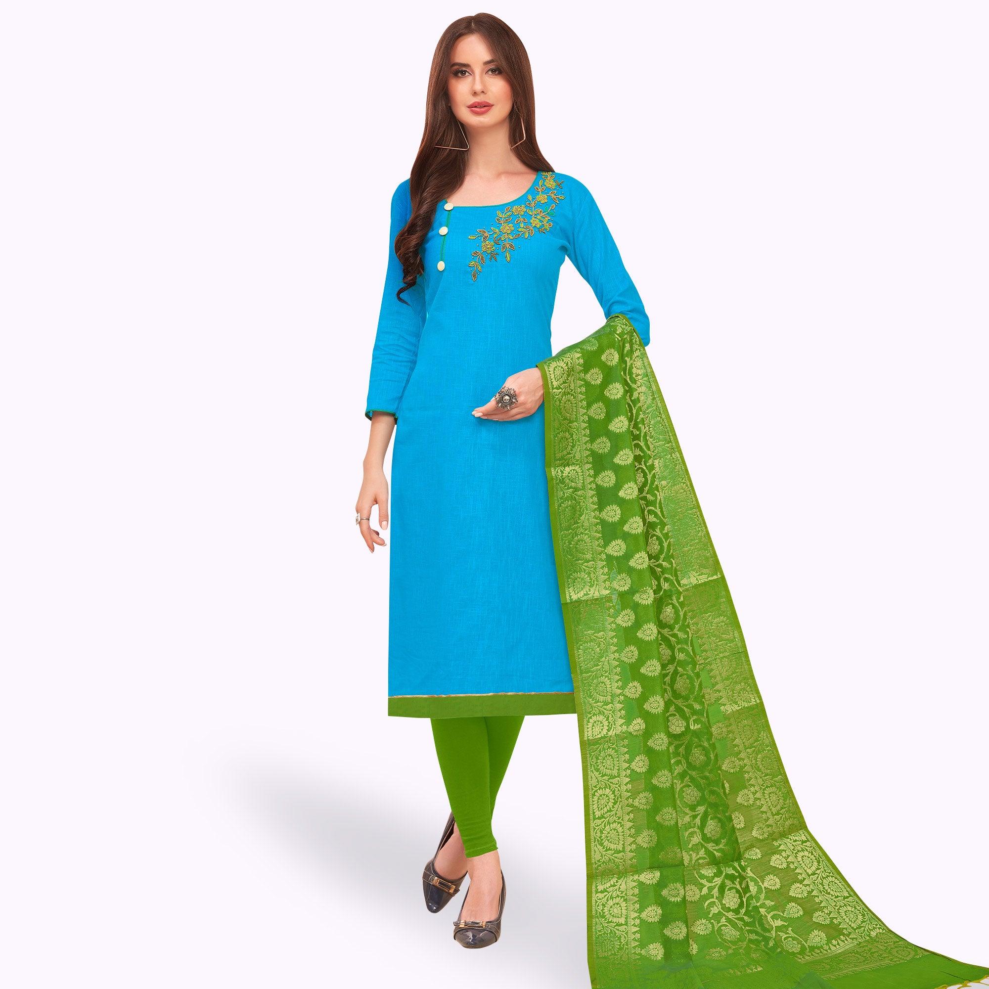 Peachmode Lovely Sky Blue Colored Casual Wear Embroidered Cotton Dress Material With Banarasi Silk Dupatta
