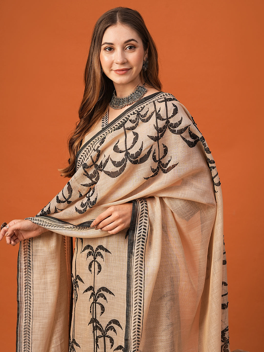 Fashor Ethnic Floral Printed & Embroidered Straight Kurta with Dupatta - Beige - view 2