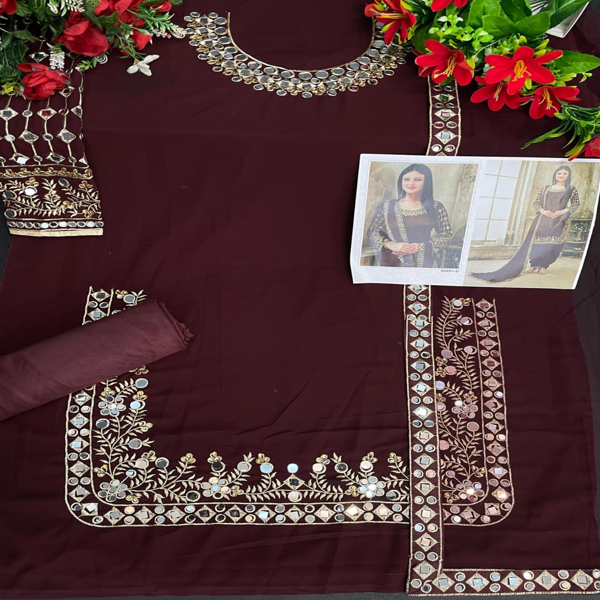Peachmode Brown Embroidered Georgette Patiala Suit - view 5